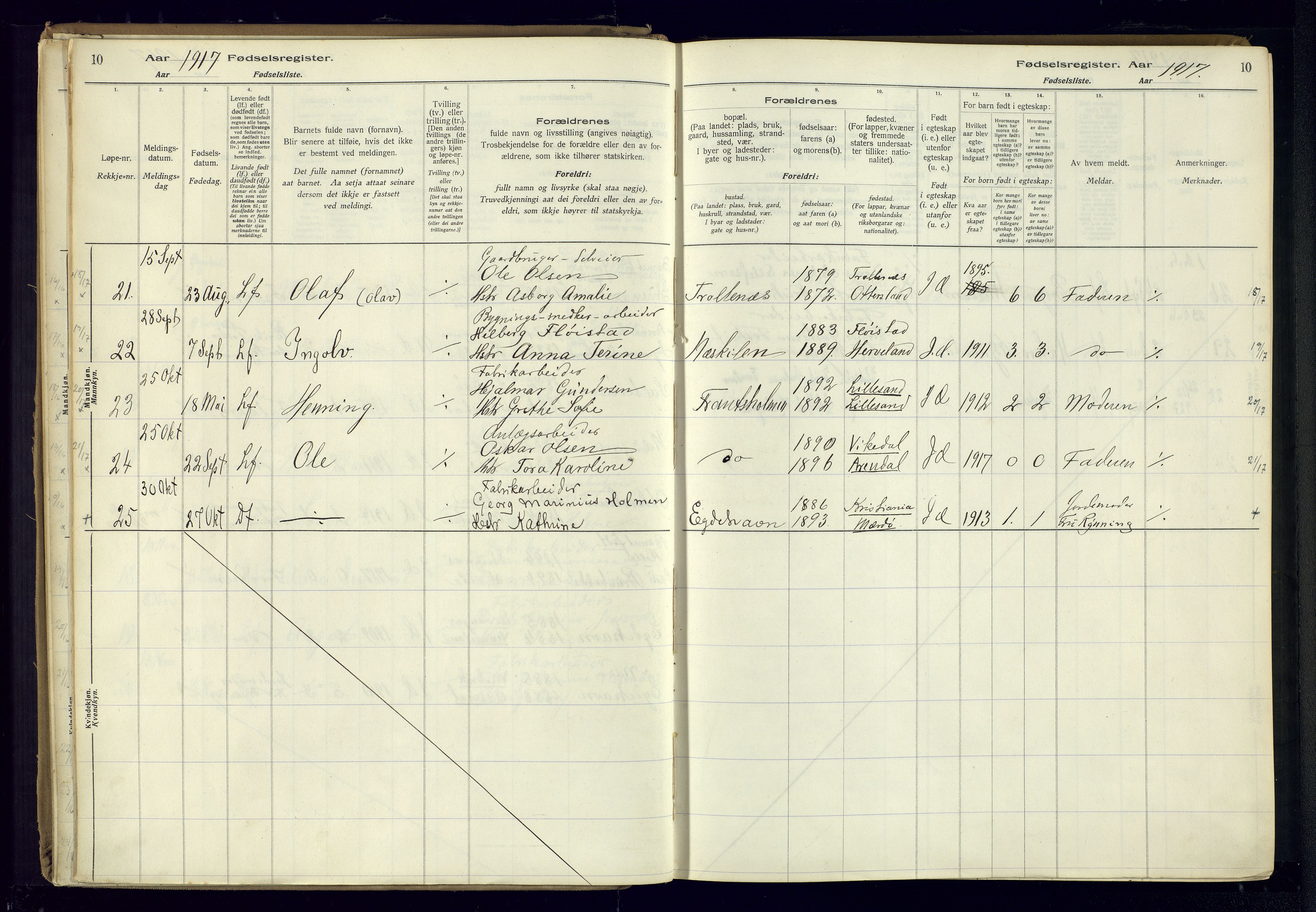 Austre Moland sokneprestkontor, AV/SAK-1111-0001/J/Ja/L0003: Birth register no. A-VI-27, 1916-1950, p. 10