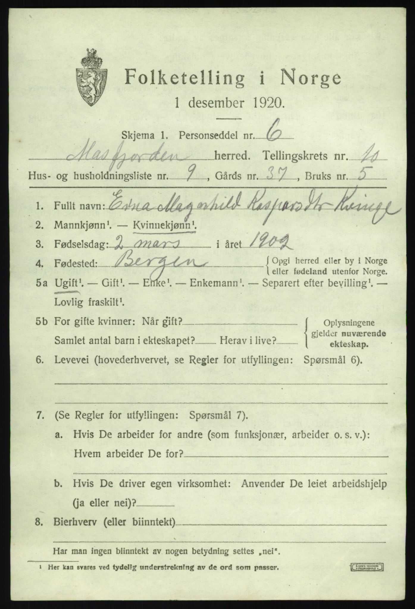 SAB, 1920 census for Masfjorden, 1920, p. 3799