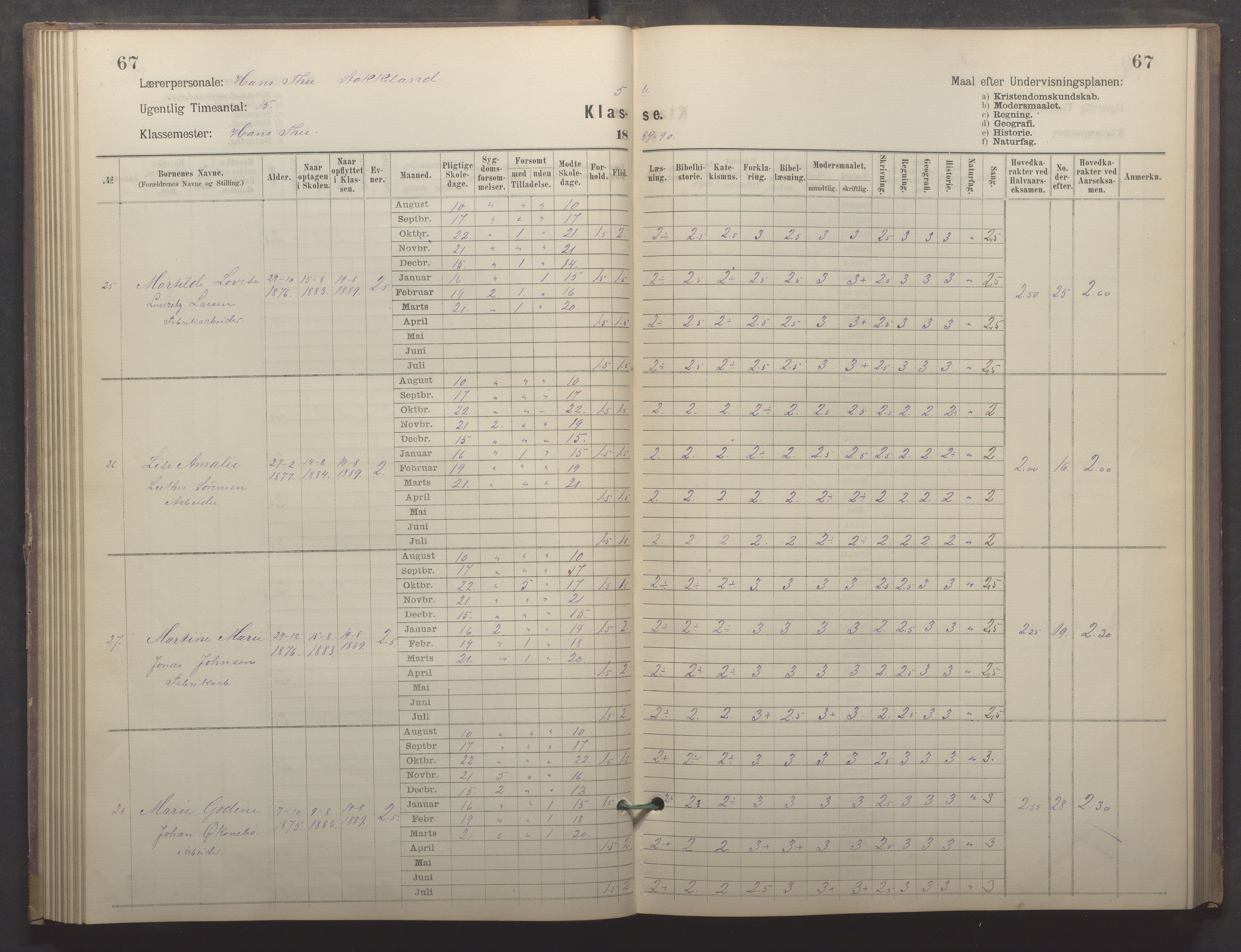 Egersund kommune (Ladested) - Egersund almueskole/folkeskole, IKAR/K-100521/H/L0022: Skoleprotokoll - Almueskolen, 5. klasse, 1886-1892, p. 67