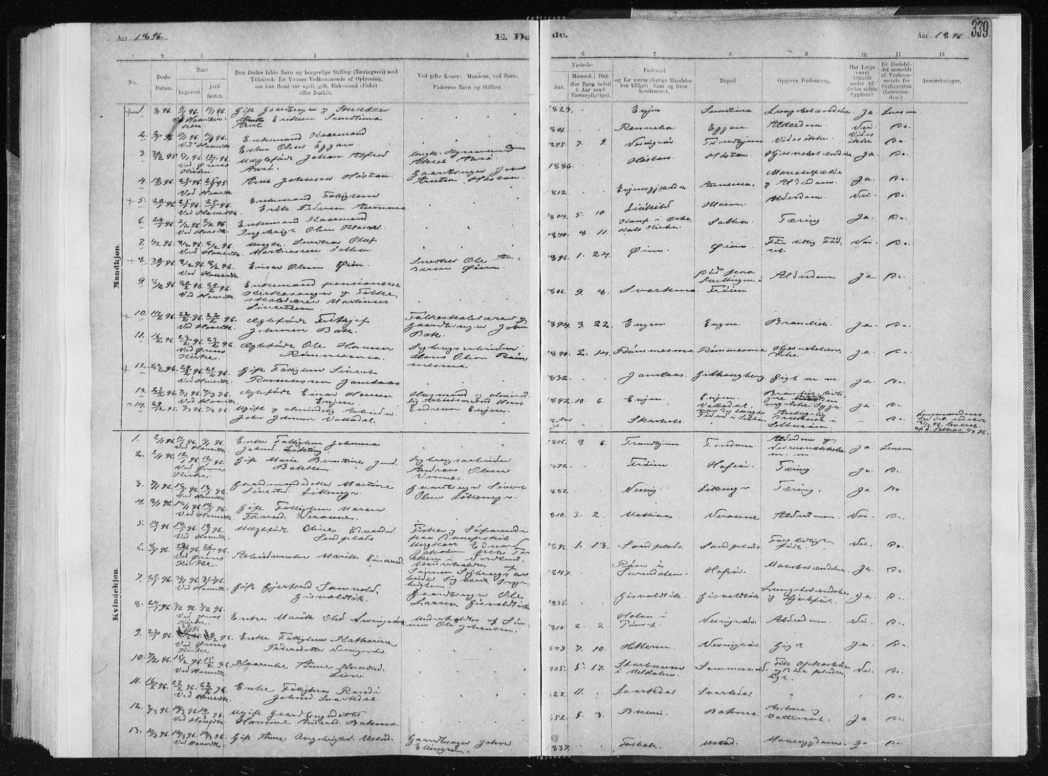 Ministerialprotokoller, klokkerbøker og fødselsregistre - Sør-Trøndelag, SAT/A-1456/668/L0818: Parish register (copy) no. 668C07, 1885-1898, p. 339