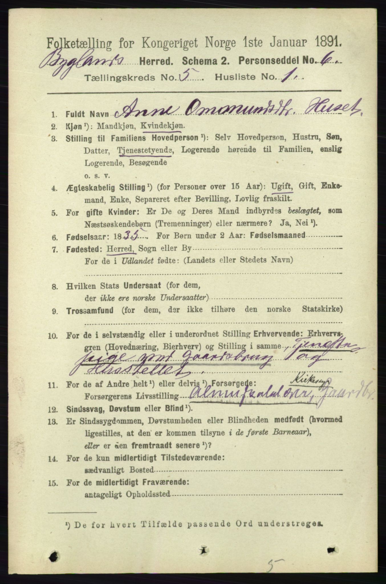 RA, 1891 census for 0938 Bygland, 1891, p. 1055