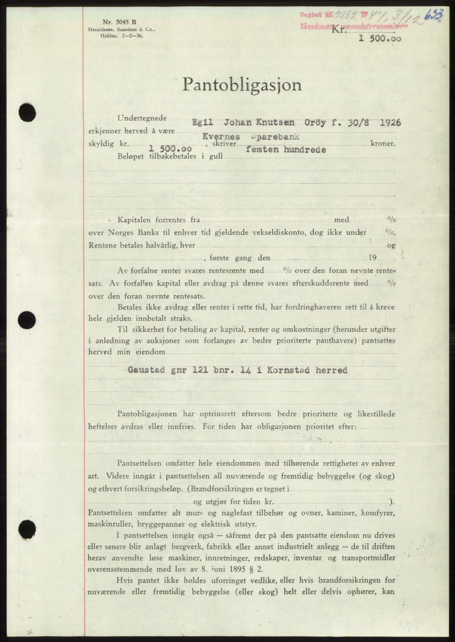 Nordmøre sorenskriveri, AV/SAT-A-4132/1/2/2Ca: Mortgage book no. B97, 1947-1948, Diary no: : 2882/1947