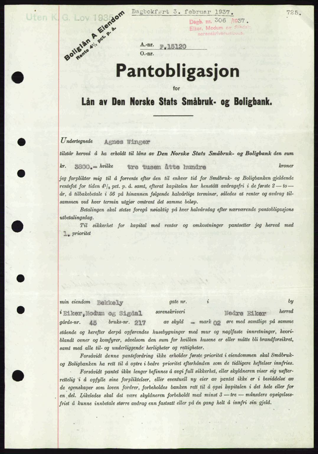 Eiker, Modum og Sigdal sorenskriveri, SAKO/A-123/G/Ga/Gab/L0034: Mortgage book no. A4, 1936-1937, Diary no: : 306/1937