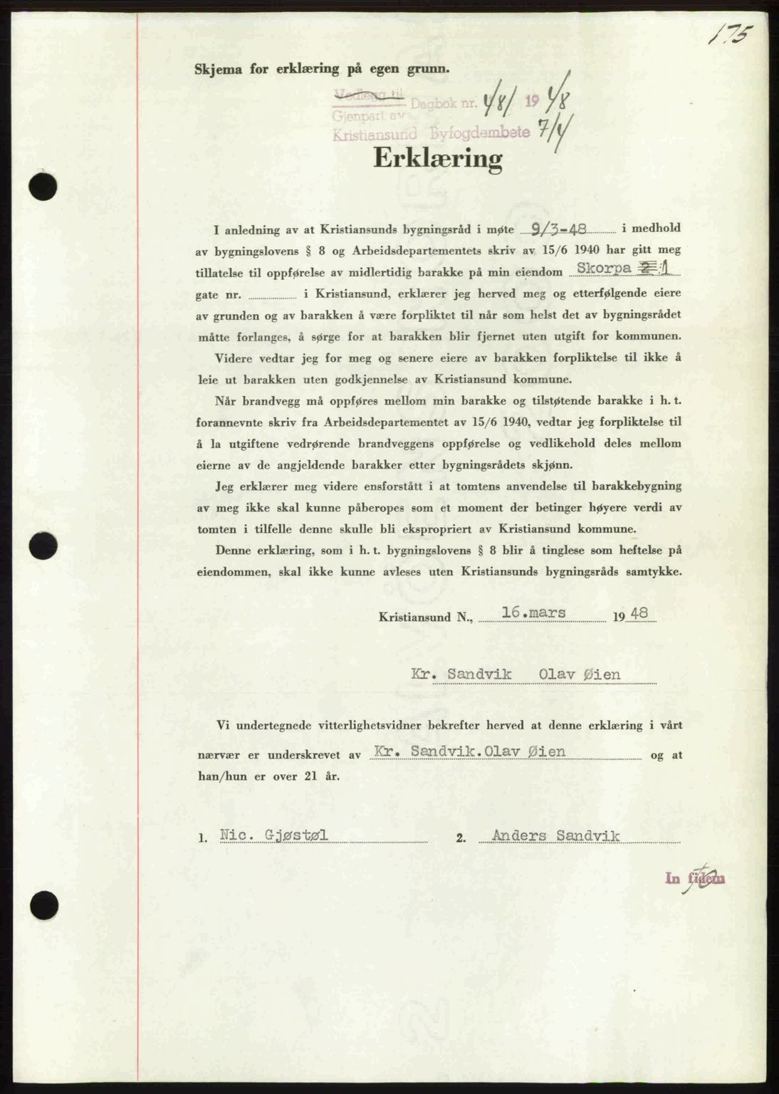 Kristiansund byfogd, AV/SAT-A-4587/A/27: Mortgage book no. 44, 1947-1948, Diary no: : 481/1948