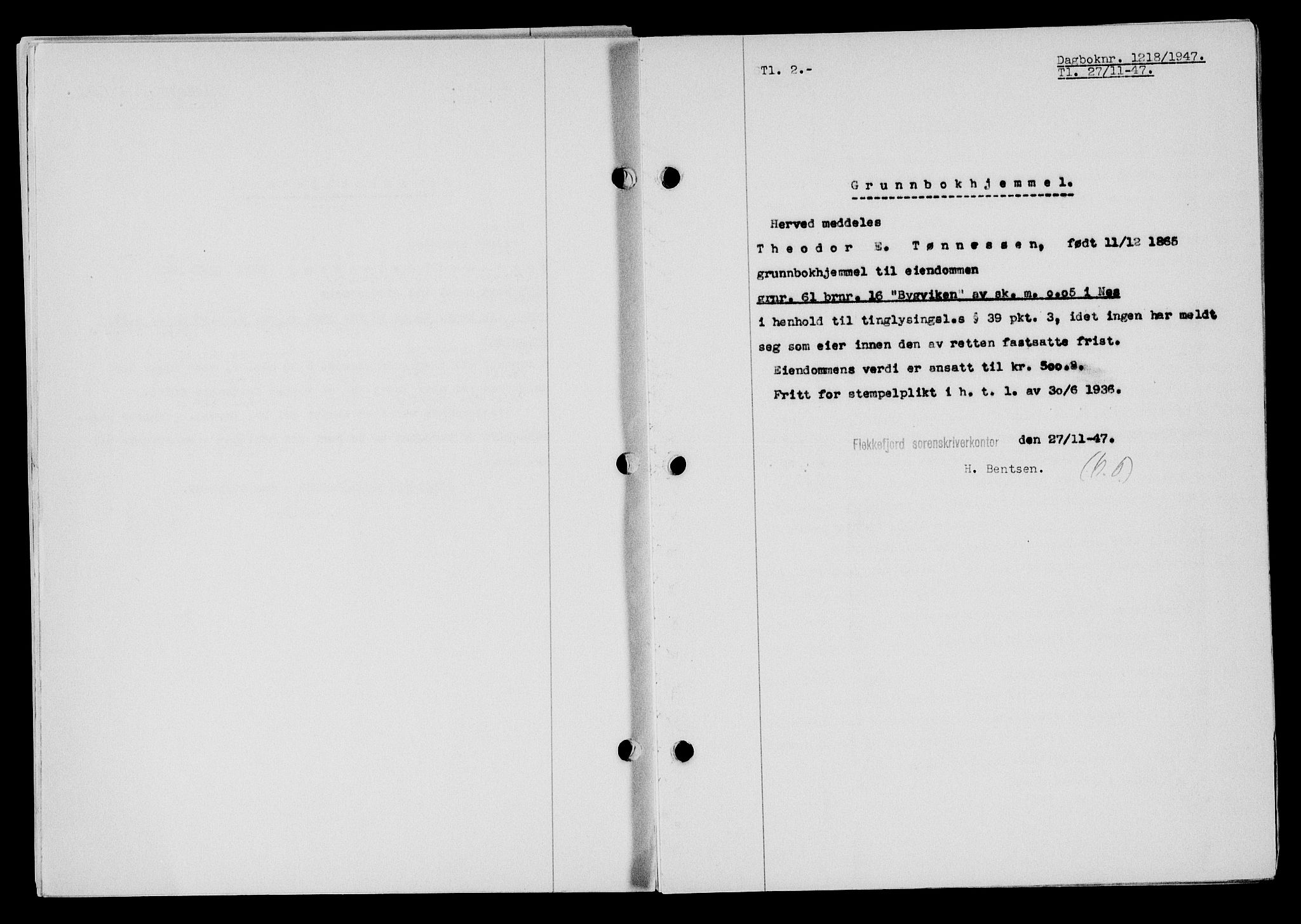 Flekkefjord sorenskriveri, SAK/1221-0001/G/Gb/Gba/L0063: Mortgage book no. A-11, 1947-1948, Diary no: : 1218/1947