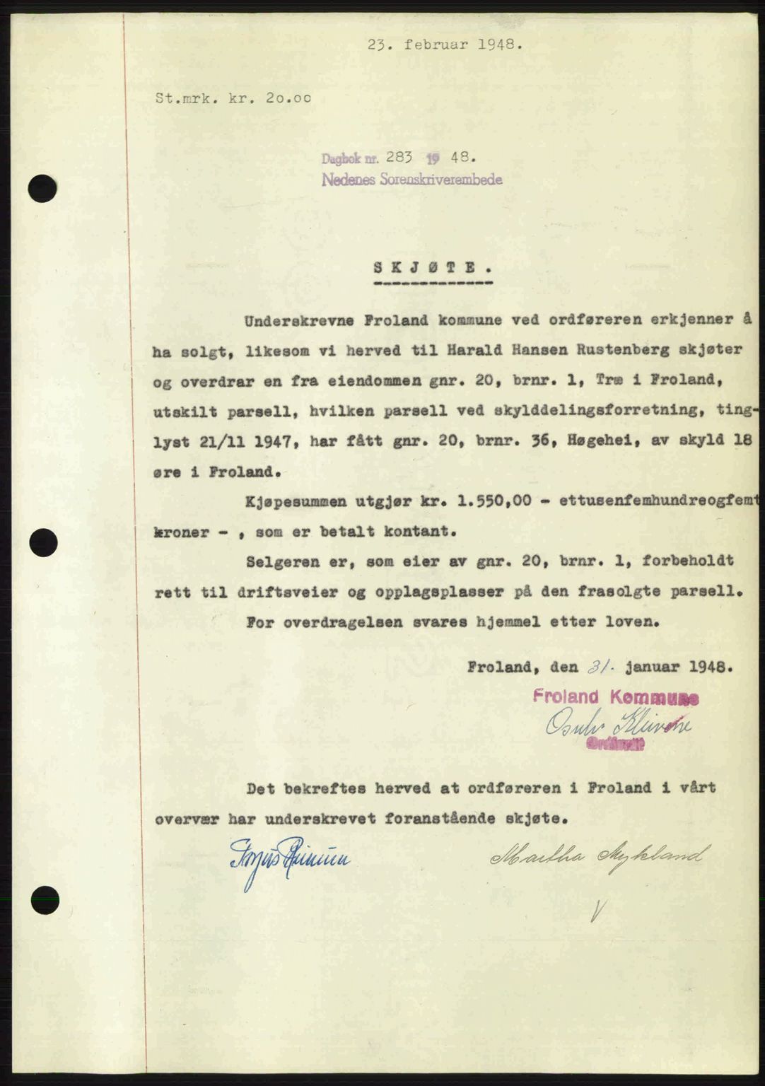 Nedenes sorenskriveri, AV/SAK-1221-0006/G/Gb/Gba/L0058: Mortgage book no. A10, 1947-1948, Diary no: : 283/1948