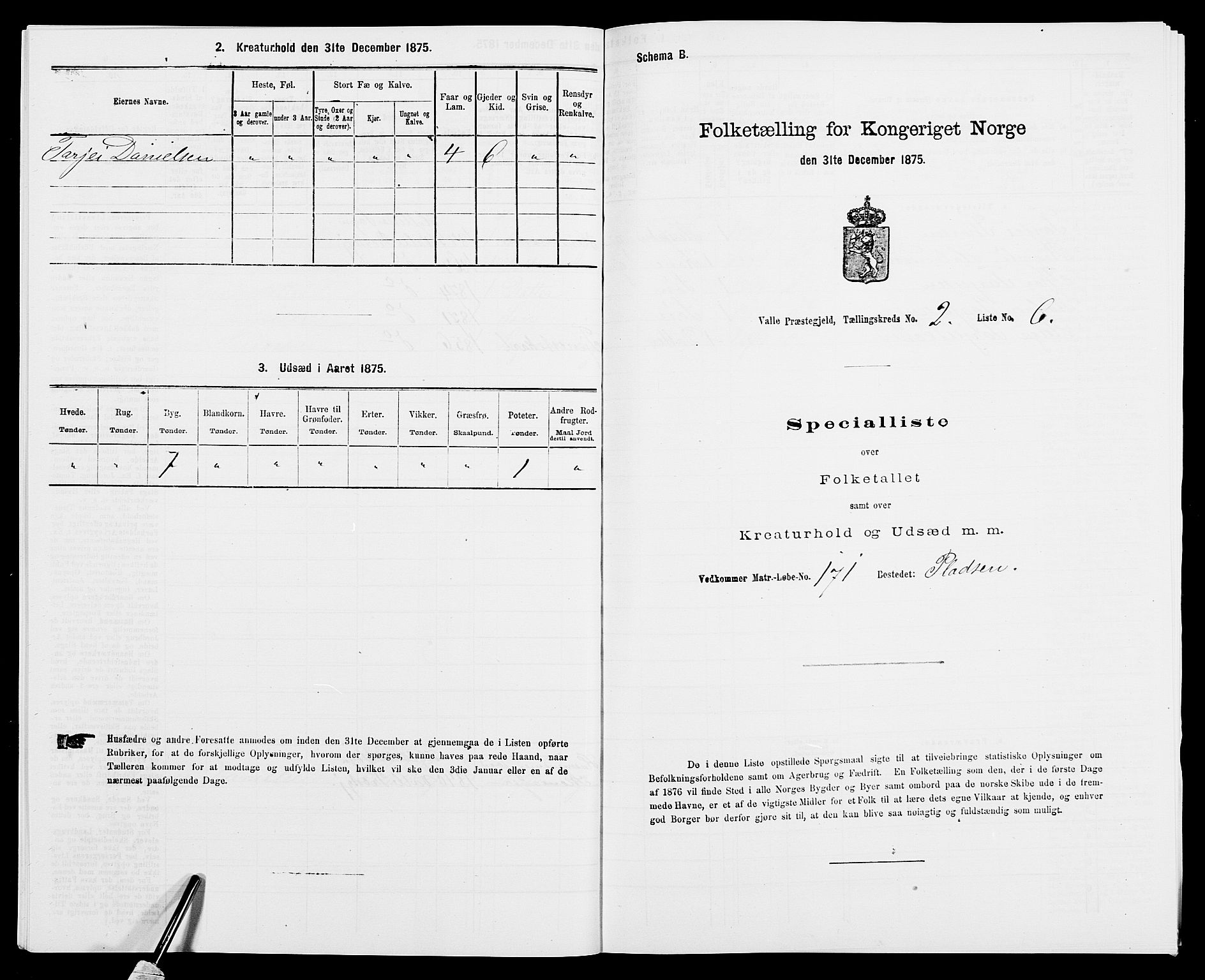 SAK, 1875 census for 0940P Valle, 1875, p. 161