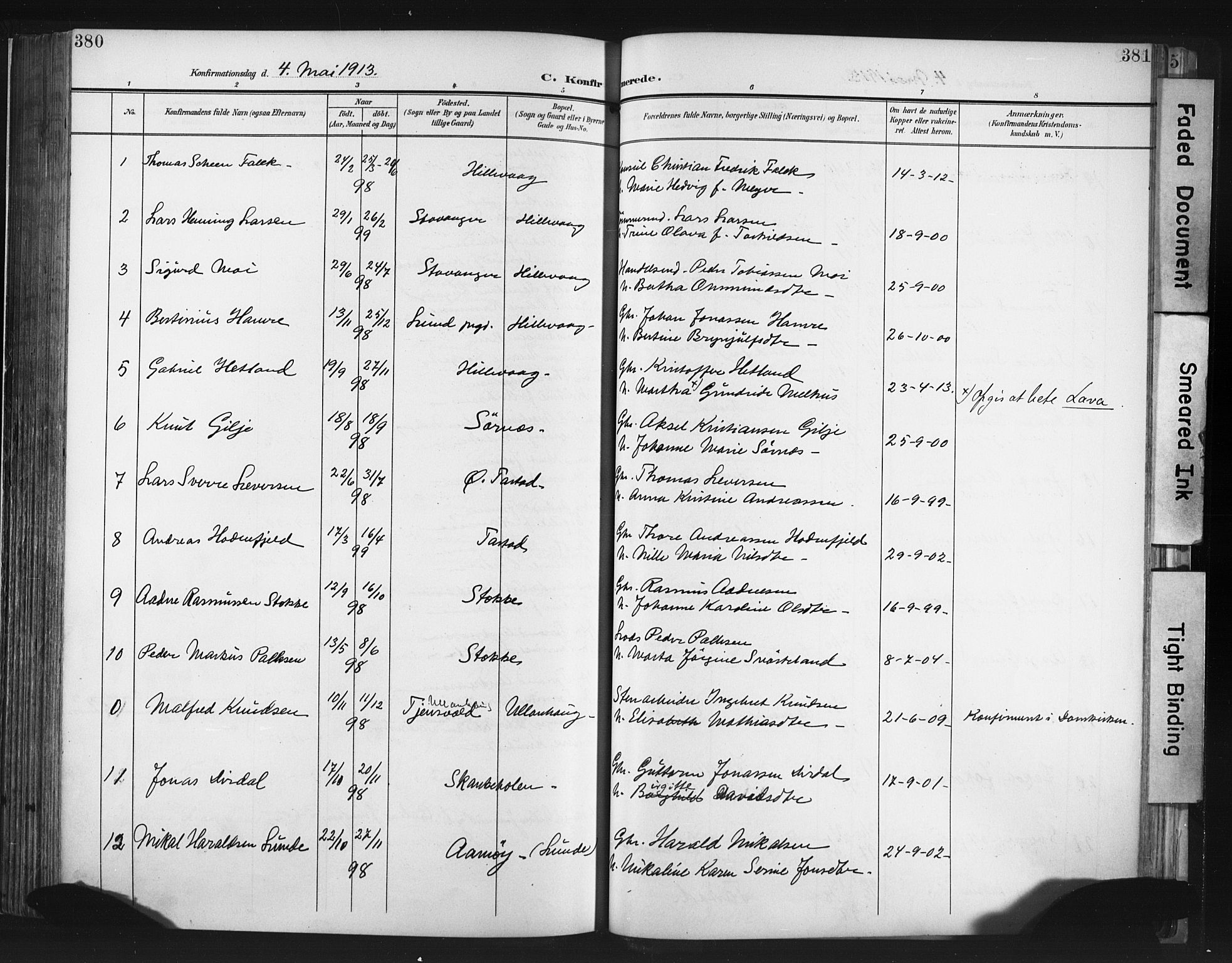 Hetland sokneprestkontor, SAST/A-101826/30/30BA/L0013: Parish register (official) no. A 13, 1904-1918, p. 380-381
