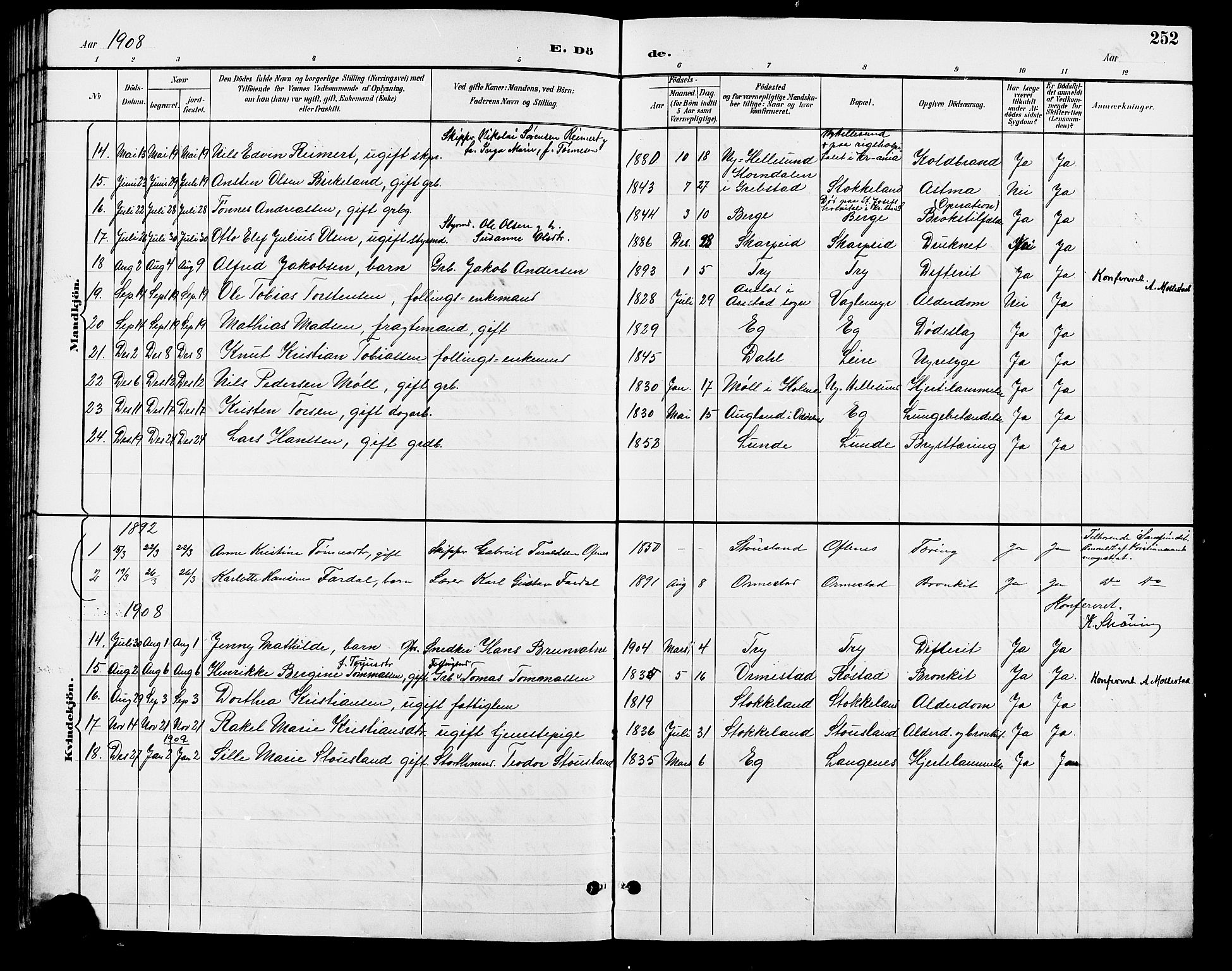 Søgne sokneprestkontor, AV/SAK-1111-0037/F/Fb/Fbb/L0006: Parish register (copy) no. B 6, 1892-1911, p. 252