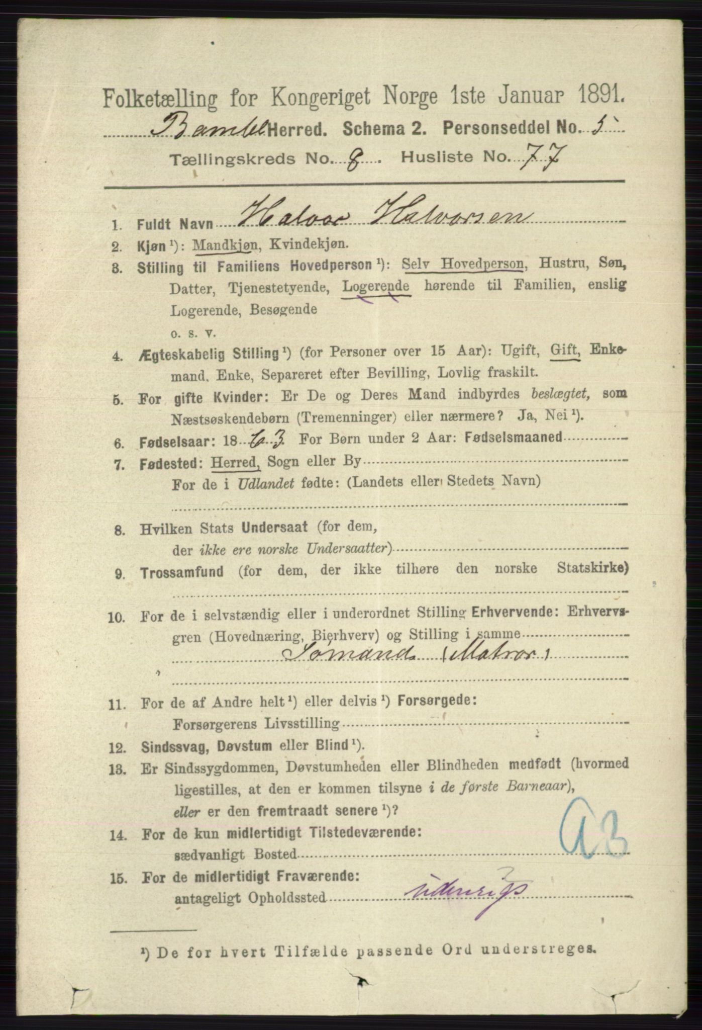 RA, 1891 census for 0814 Bamble, 1891, p. 3994