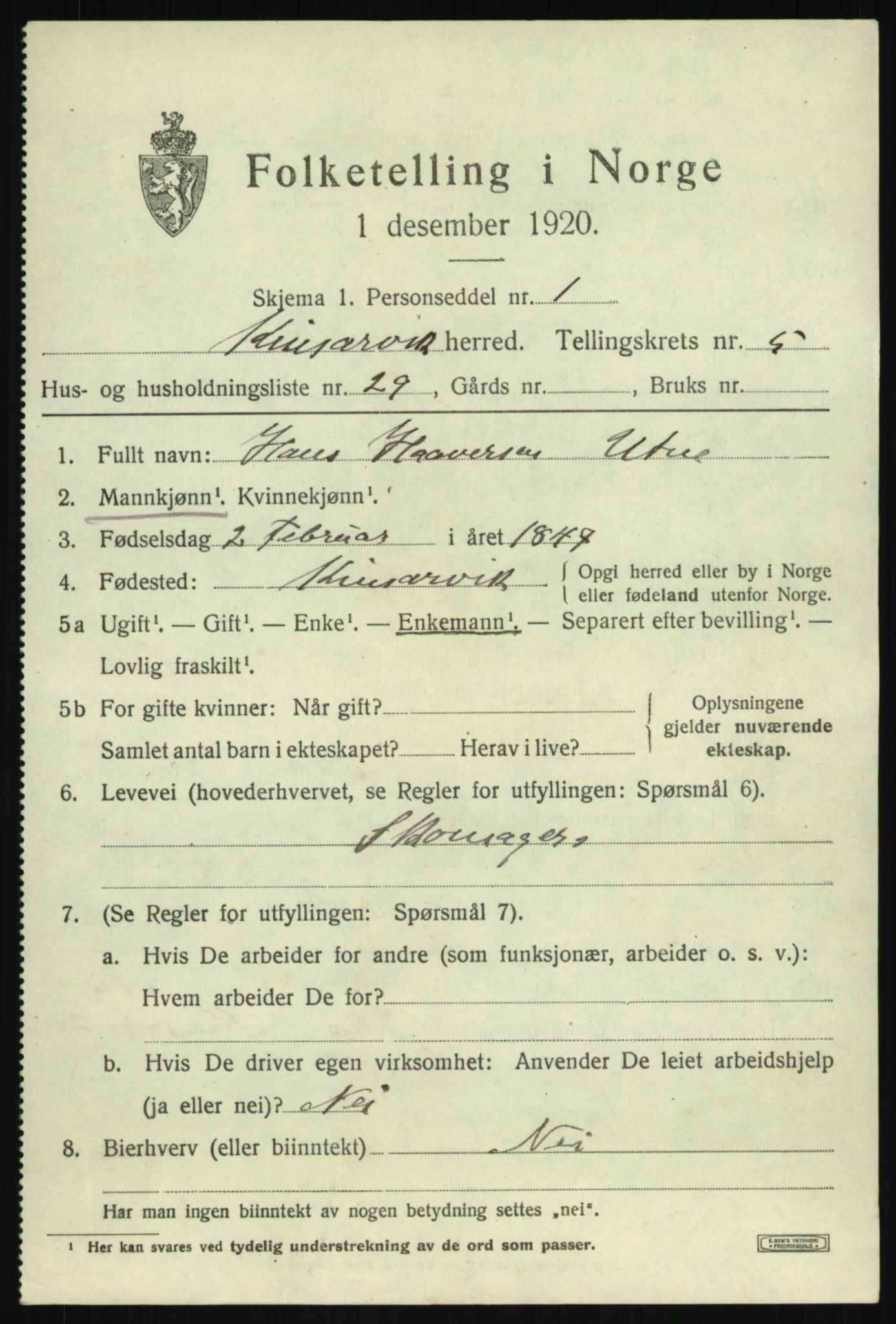 SAB, 1920 census for Kinsarvik, 1920, p. 2868