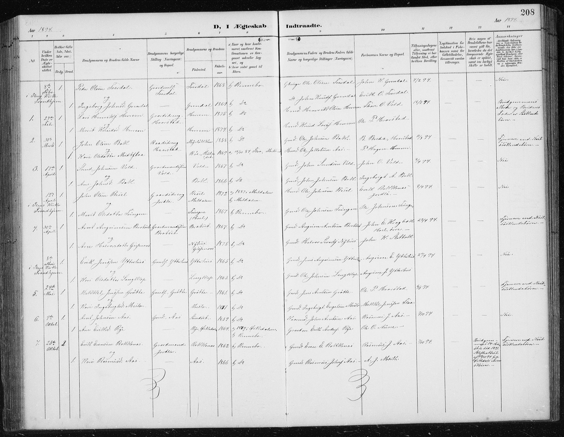 Ministerialprotokoller, klokkerbøker og fødselsregistre - Sør-Trøndelag, AV/SAT-A-1456/674/L0876: Parish register (copy) no. 674C03, 1892-1912, p. 208