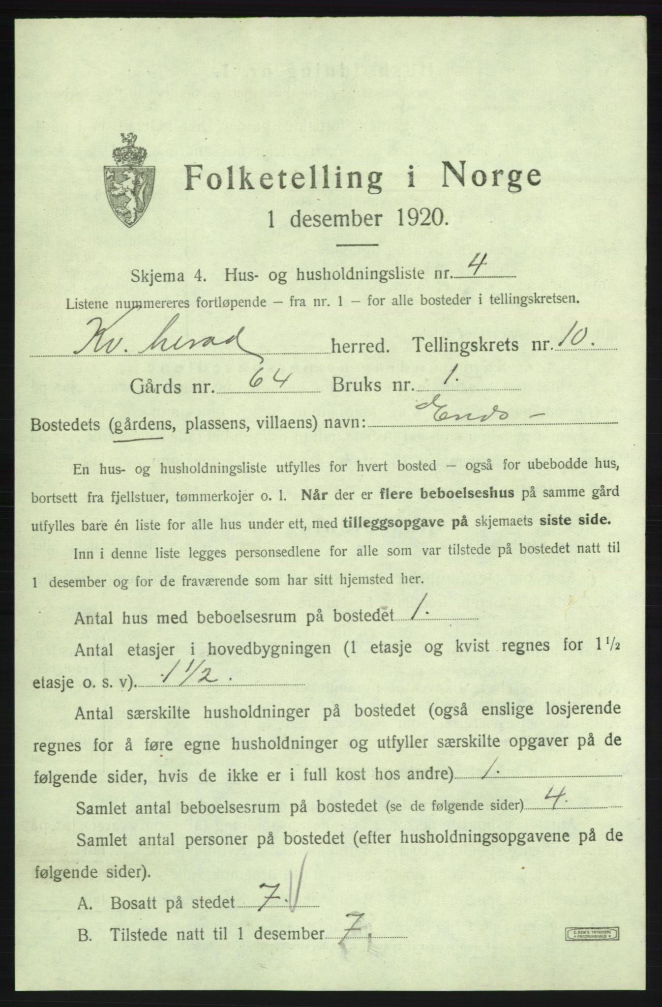 SAB, 1920 census for Kvinnherad, 1920, p. 1123