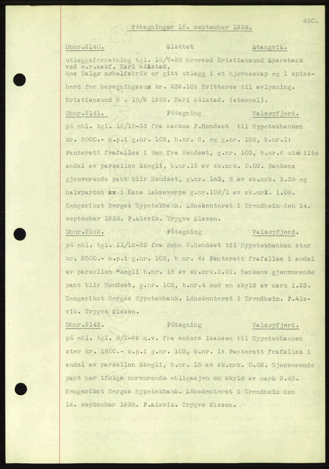 Nordmøre sorenskriveri, AV/SAT-A-4132/1/2/2Ca: Mortgage book no. C80, 1936-1939, Diary no: : 2140/1938