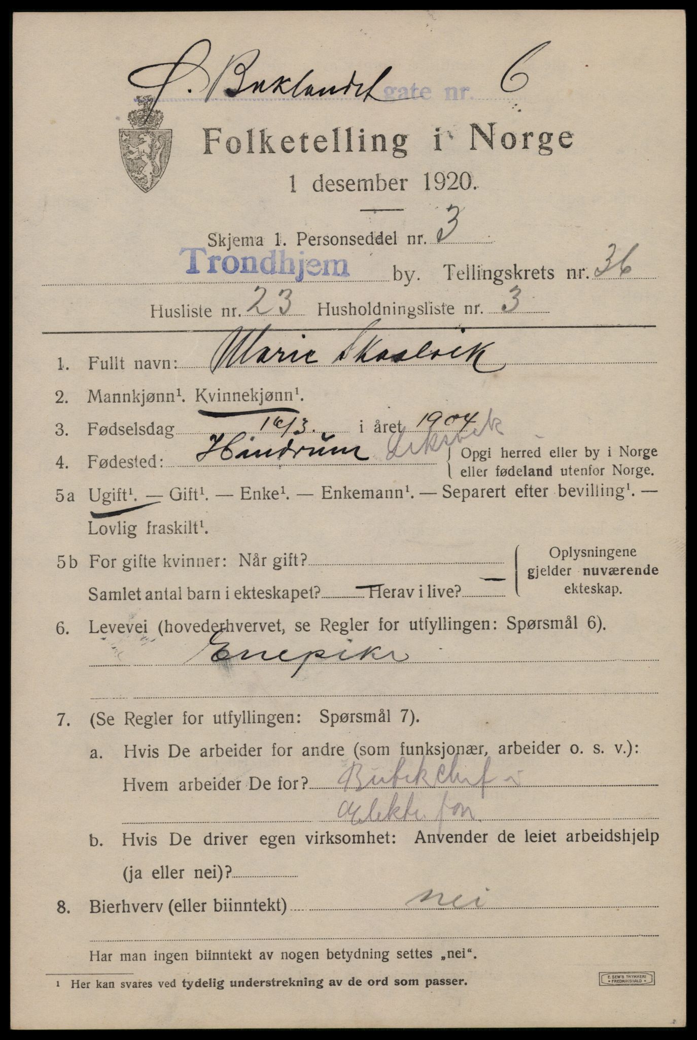 SAT, 1920 census for Trondheim, 1920, p. 81256