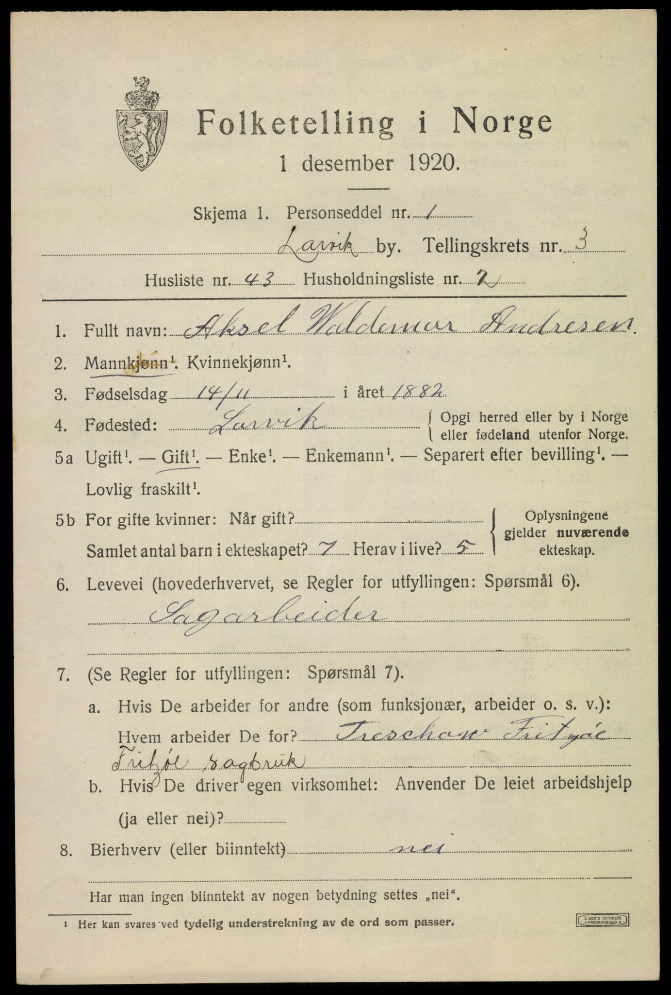 SAKO, 1920 census for Larvik, 1920, p. 13004