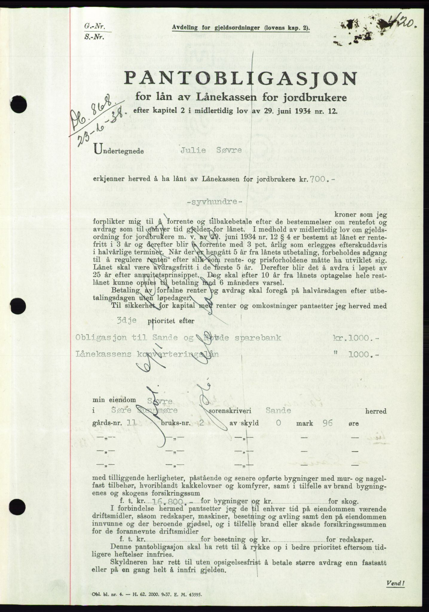 Søre Sunnmøre sorenskriveri, AV/SAT-A-4122/1/2/2C/L0065: Mortgage book no. 59, 1938-1938, Diary no: : 868/1938