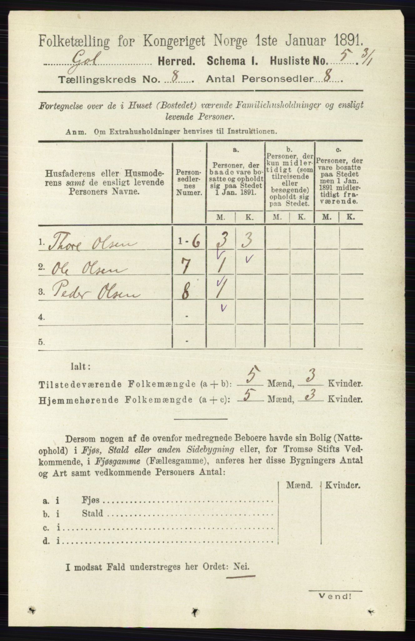 RA, 1891 census for 0617 Gol og Hemsedal, 1891, p. 2986