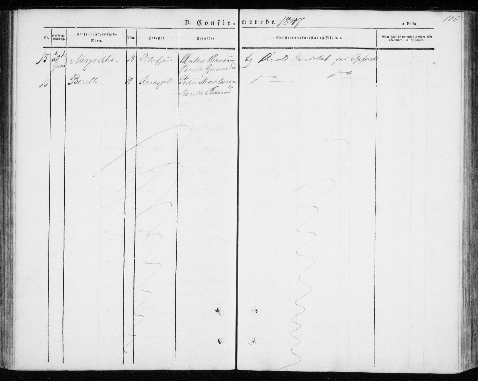 Kistrand/Porsanger sokneprestembete, AV/SATØ-S-1351/H/Ha/L0004.kirke: Parish register (official) no. 4, 1843-1860, p. 106