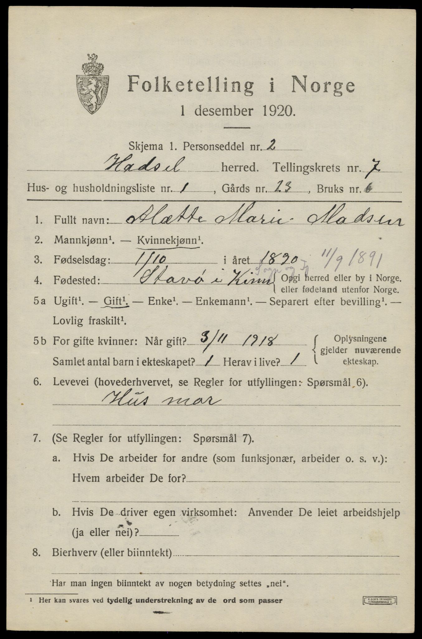 SAT, 1920 census for Hadsel, 1920, p. 6880