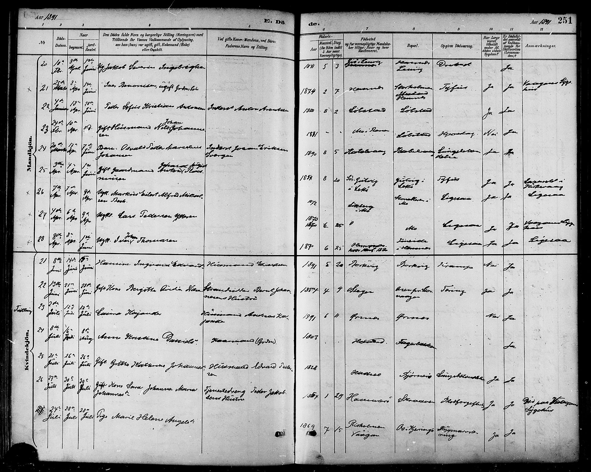 Ministerialprotokoller, klokkerbøker og fødselsregistre - Nordland, AV/SAT-A-1459/874/L1060: Parish register (official) no. 874A04, 1890-1899, p. 251