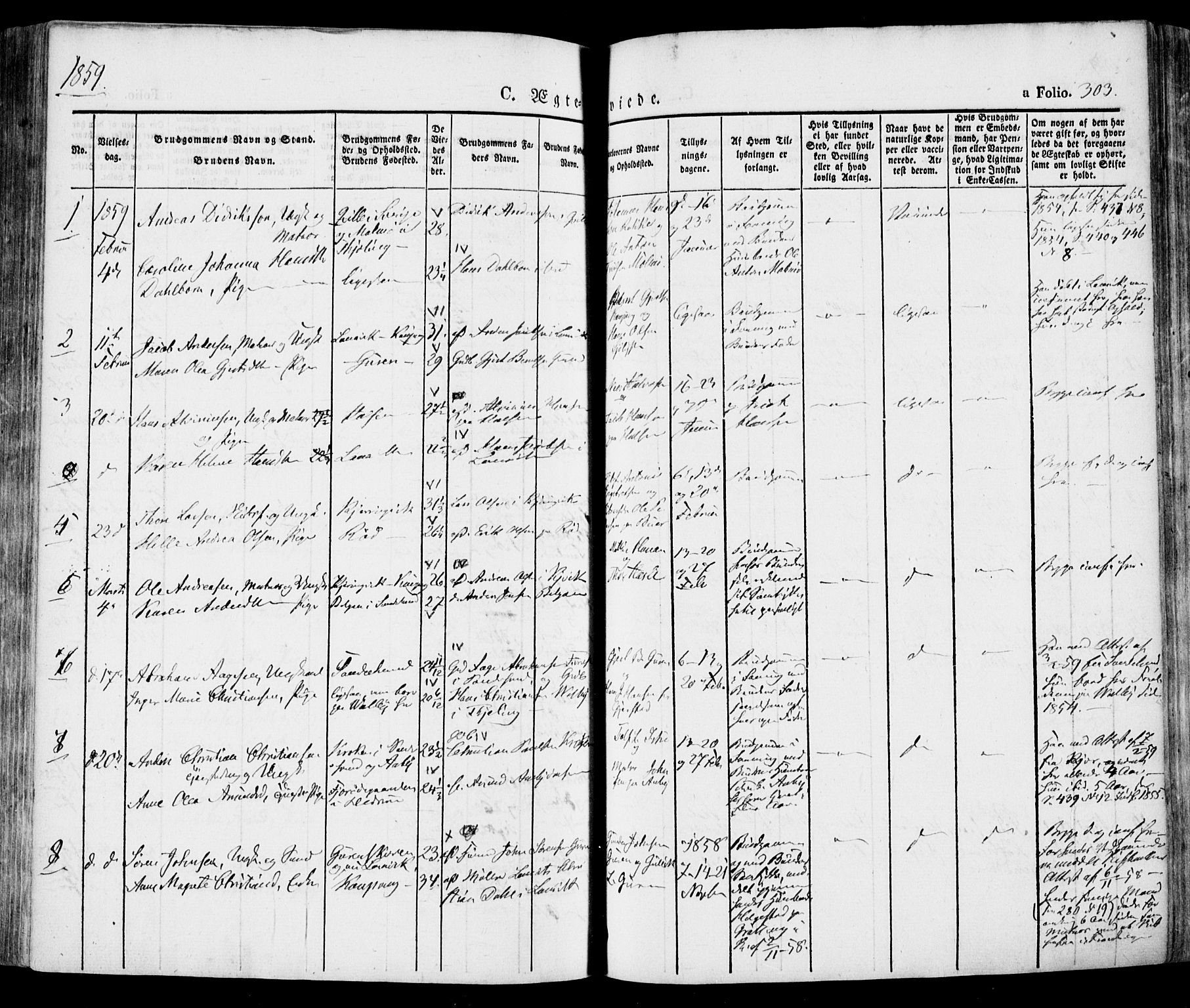 Tjølling kirkebøker, SAKO/A-60/F/Fa/L0006: Parish register (official) no. 6, 1835-1859, p. 303