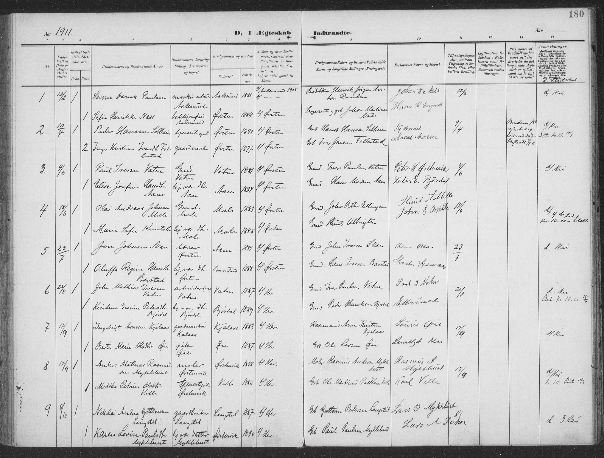 Ministerialprotokoller, klokkerbøker og fødselsregistre - Møre og Romsdal, SAT/A-1454/513/L0178: Parish register (official) no. 513A05, 1906-1919, p. 180