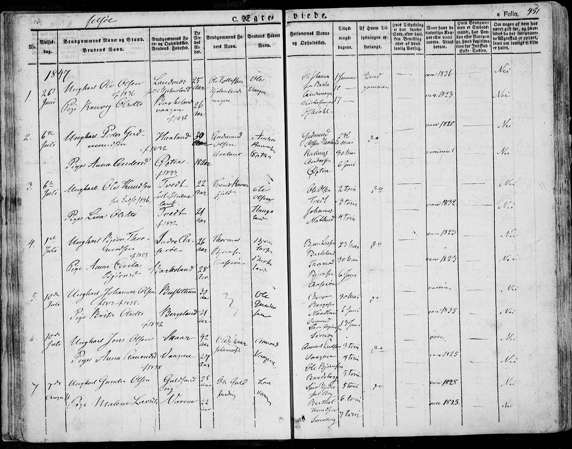 Jelsa sokneprestkontor, SAST/A-101842/01/IV: Parish register (official) no. A 6.2, 1828-1853, p. 451