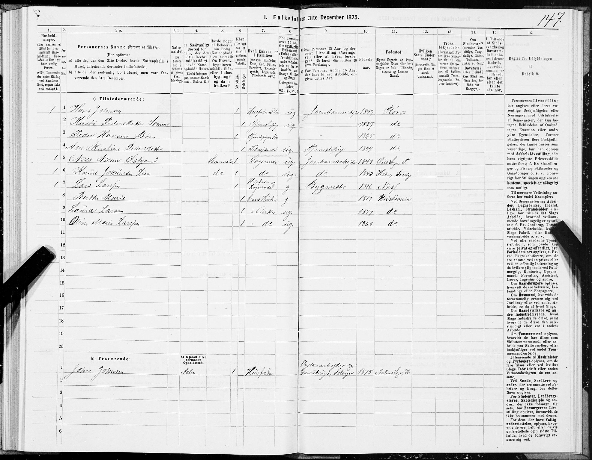 SAT, 1875 census for 1640P Røros, 1875, p. 3147