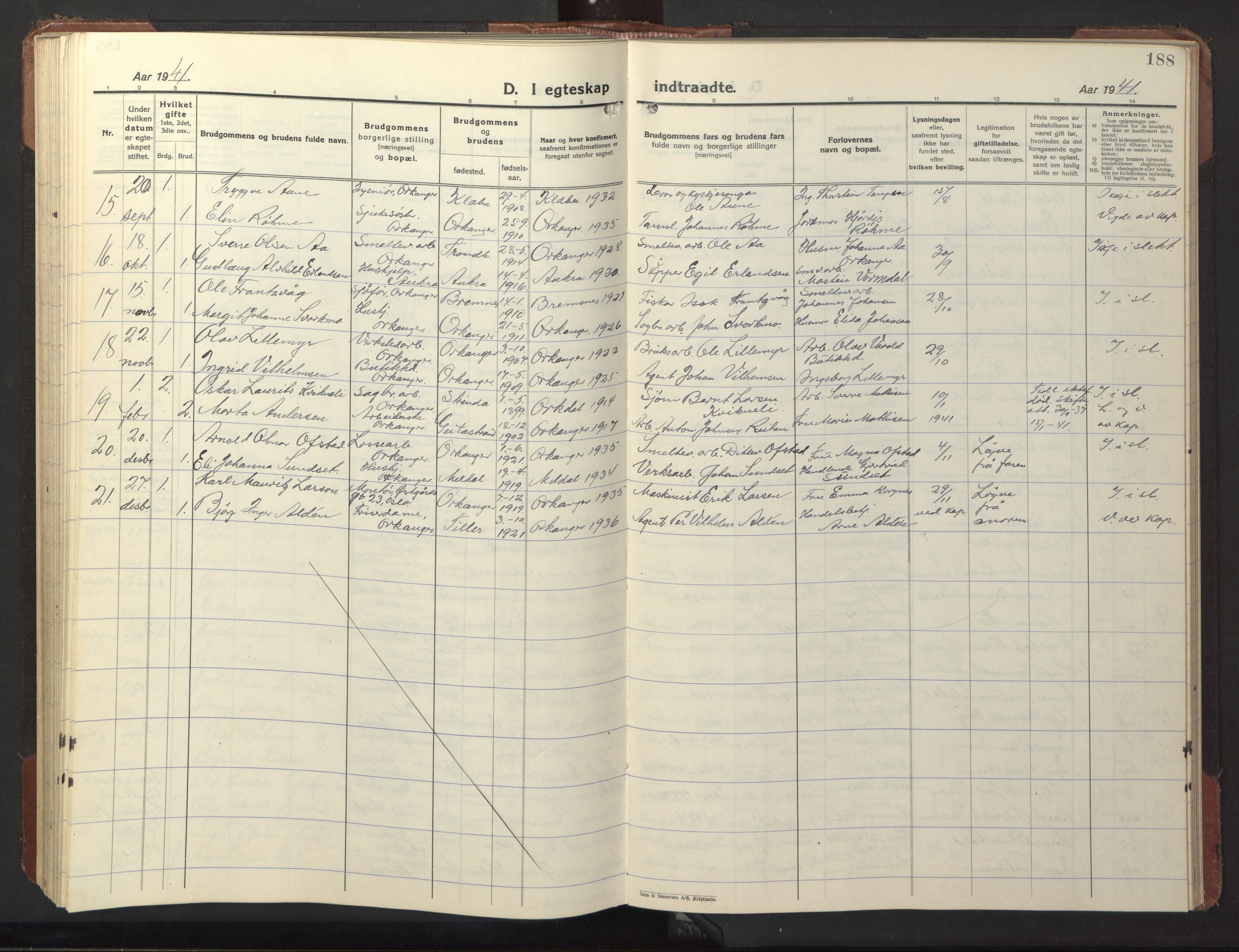 Ministerialprotokoller, klokkerbøker og fødselsregistre - Sør-Trøndelag, SAT/A-1456/669/L0832: Parish register (copy) no. 669C02, 1925-1953, p. 188