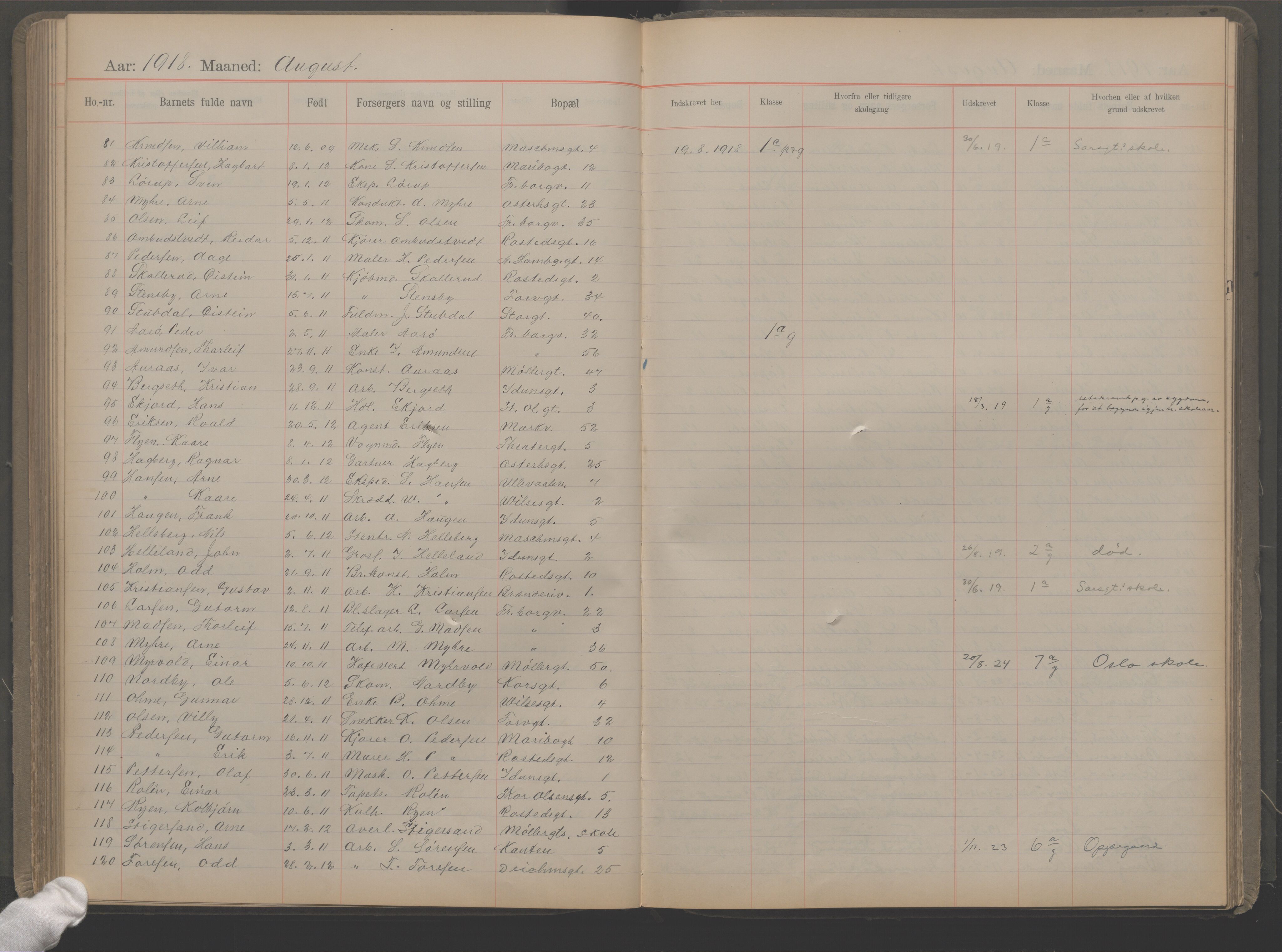 Møllergata skole, OBA/A-20129/F/Fa/L0002: Ut-/innskrivningsprotokoll, 1907-1932, p. 134