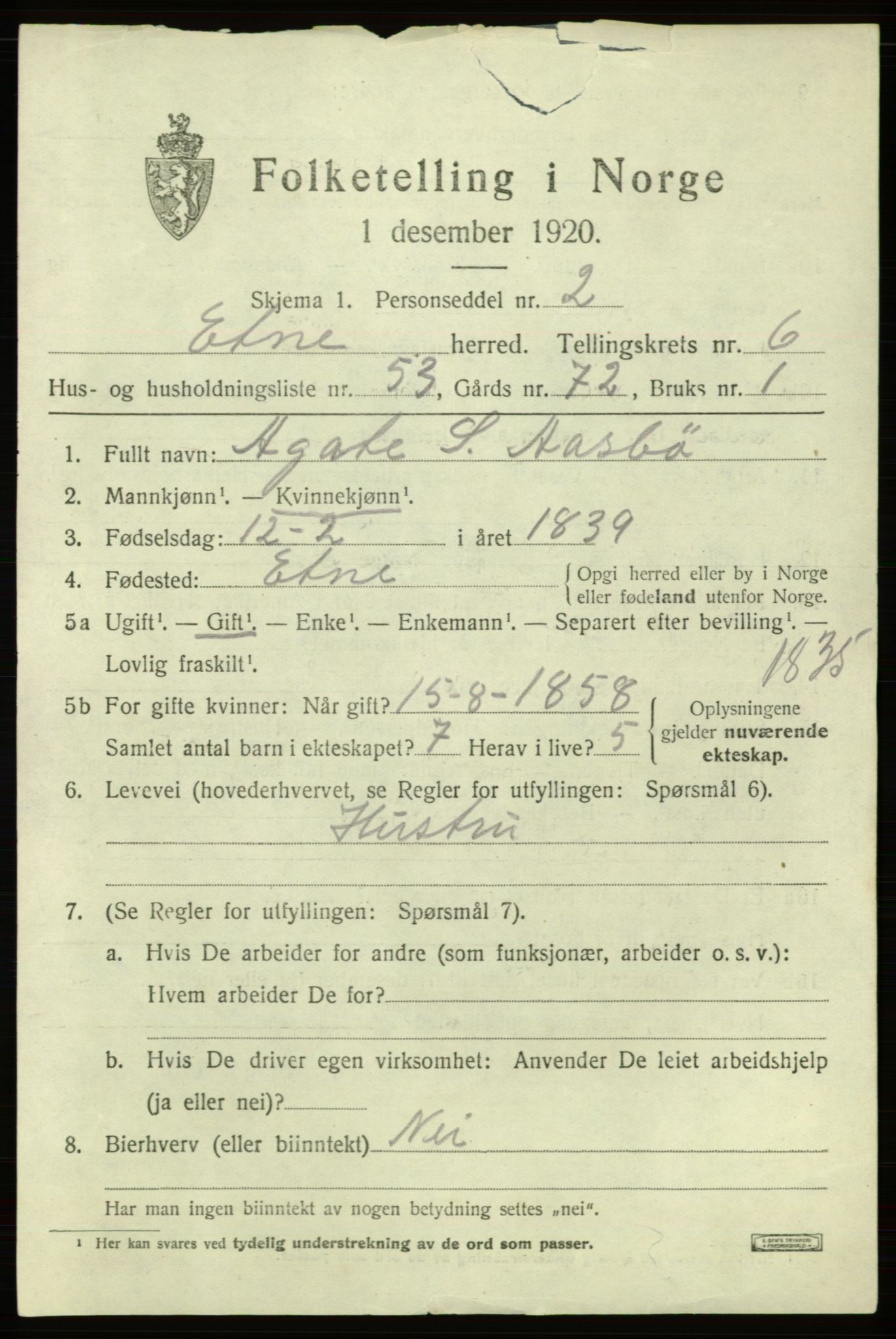 SAB, 1920 census for Etne, 1920, p. 3175