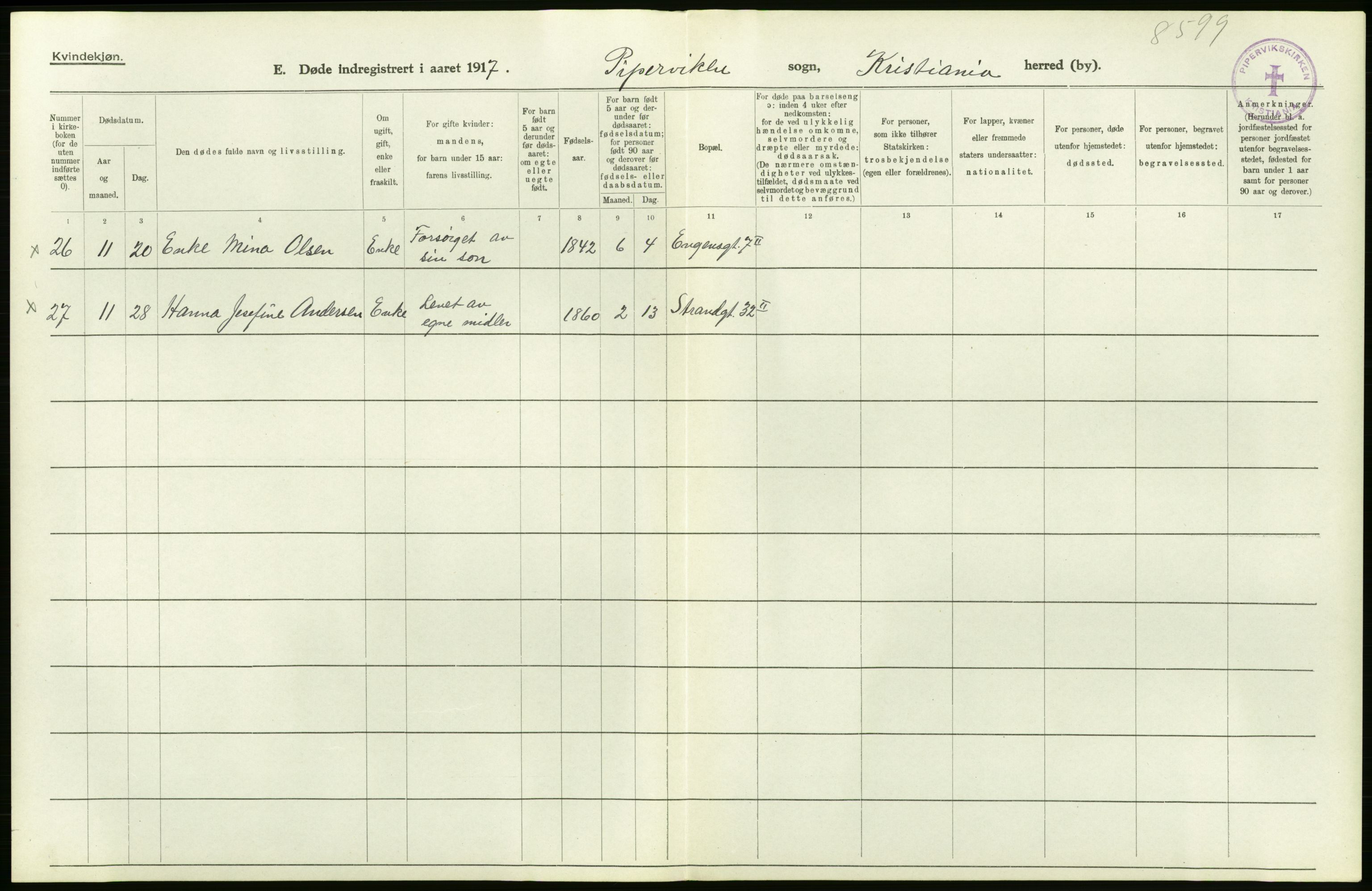 Statistisk sentralbyrå, Sosiodemografiske emner, Befolkning, RA/S-2228/D/Df/Dfb/Dfbg/L0011: Kristiania: Døde, dødfødte., 1917, p. 56