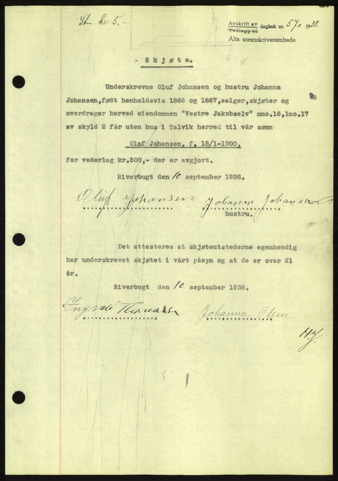 Alta fogderi/sorenskriveri, SATØ/SATØ-5/1/K/Kd/L0031pantebok: Mortgage book no. 31, 1938-1939, Diary no: : 570/1938