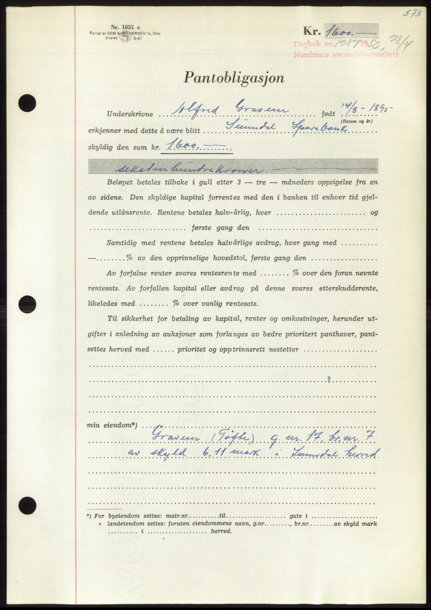 Nordmøre sorenskriveri, AV/SAT-A-4132/1/2/2Ca: Mortgage book no. B104, 1950-1950, Diary no: : 1287/1950