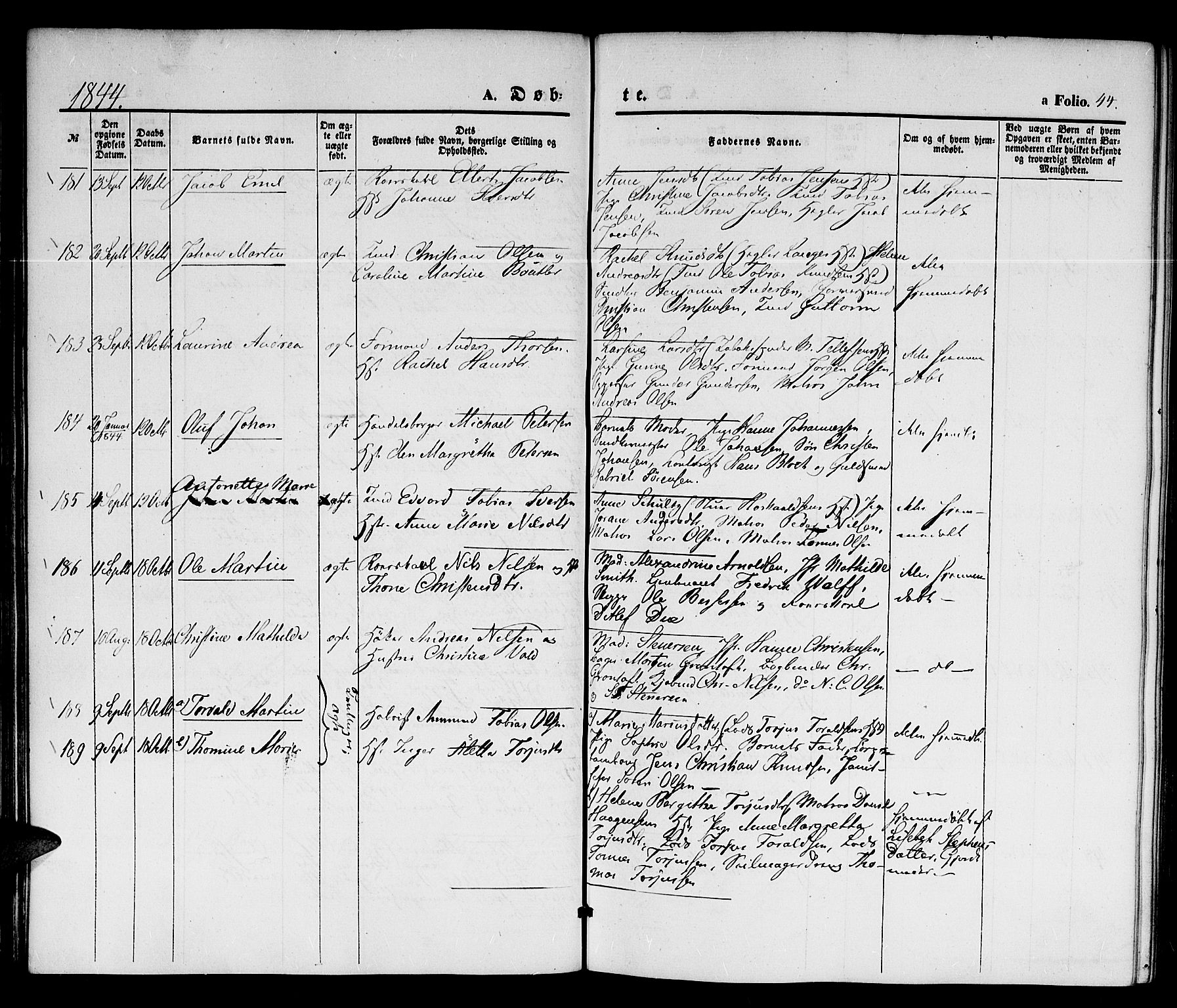 Kristiansand domprosti, SAK/1112-0006/F/Fb/L0010: Parish register (copy) no. B 10, 1843-1850, p. 44