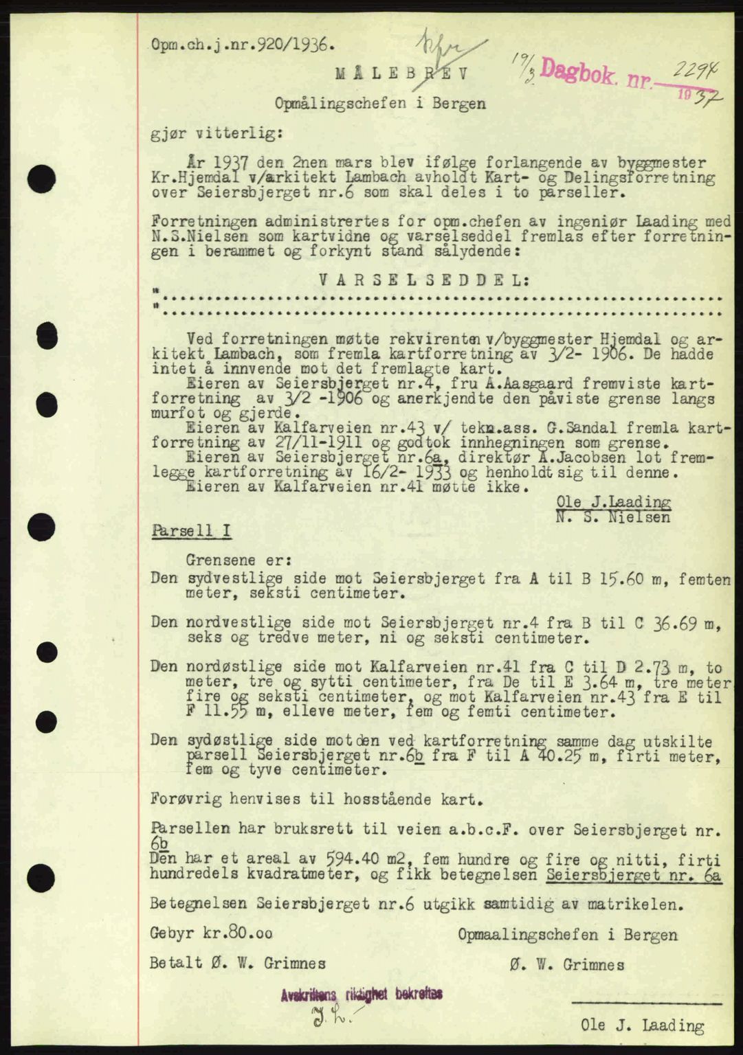 Byfogd og Byskriver i Bergen, SAB/A-3401/03/03Bc/L0004: Mortgage book no. A3-4, 1936-1937, Diary no: : 2294/1937