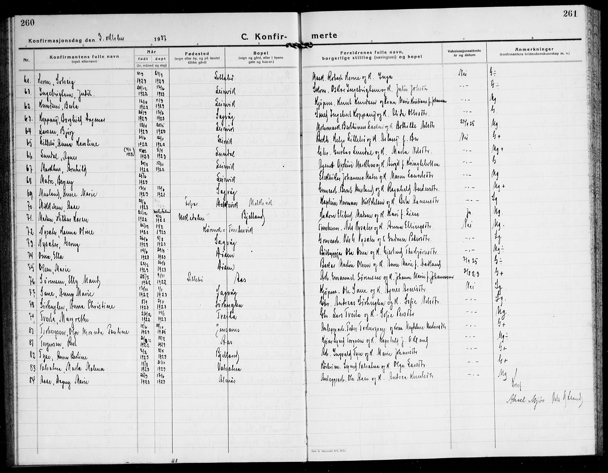 Stord sokneprestembete, AV/SAB-A-78201/H/Hab: Parish register (copy) no. A 5, 1933-1945, p. 260-261