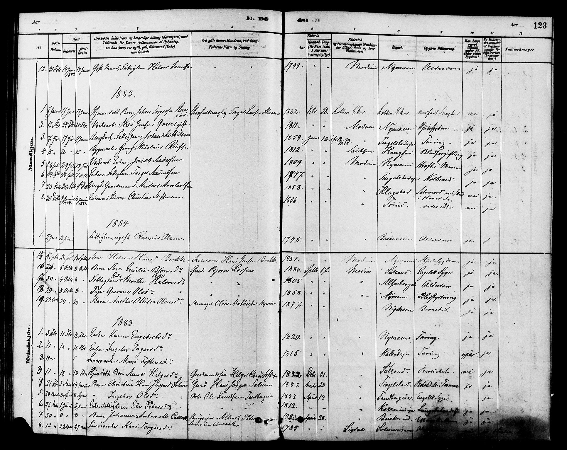 Modum kirkebøker, AV/SAKO-A-234/F/Fa/L0015: Parish register (official) no. 15 /1, 1877-1889, p. 123