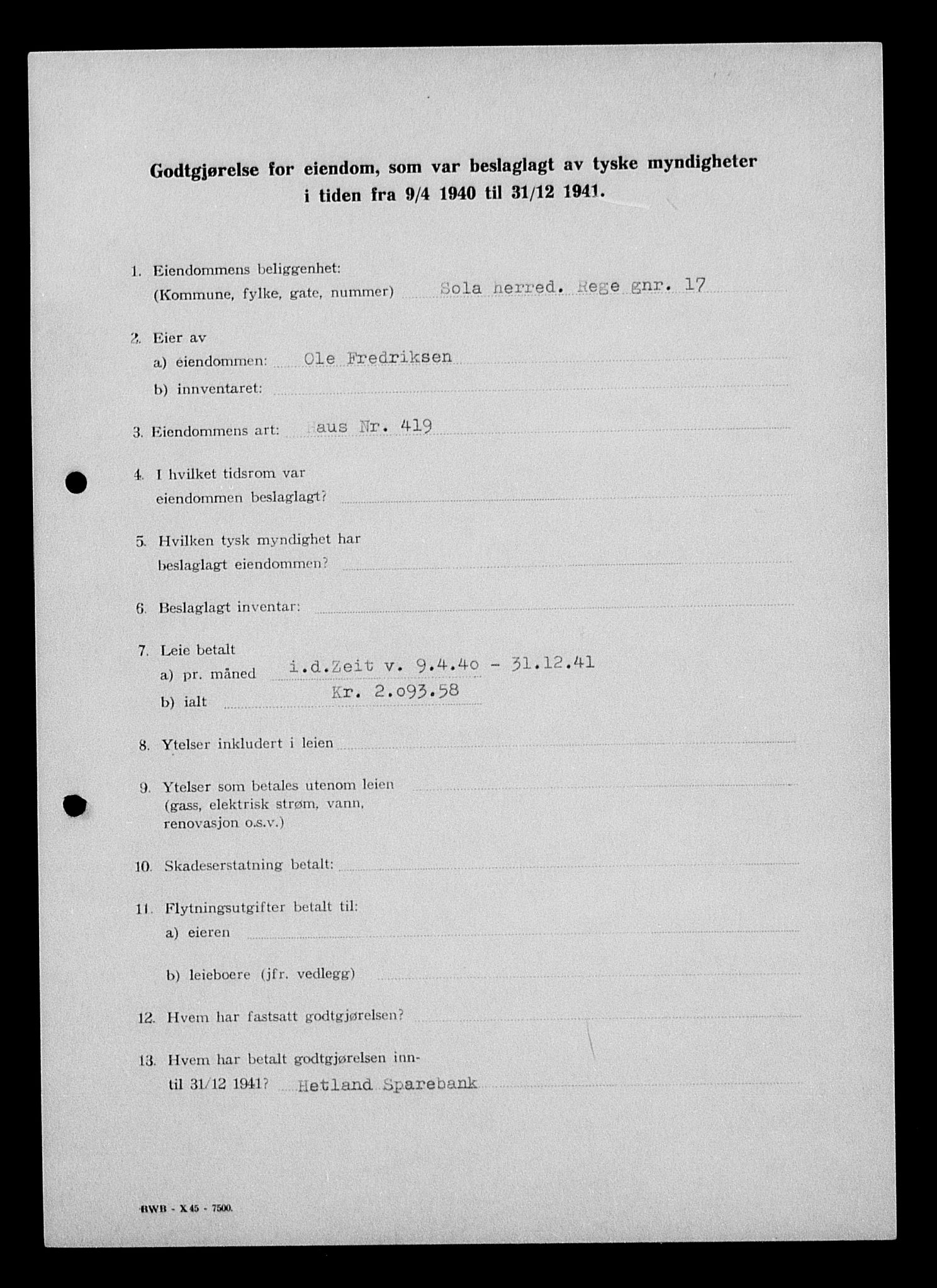 Justisdepartementet, Tilbakeføringskontoret for inndratte formuer, AV/RA-S-1564/I/L1014: Godtgjørelse for beslaglagt eiendom, 1940-1941, p. 262