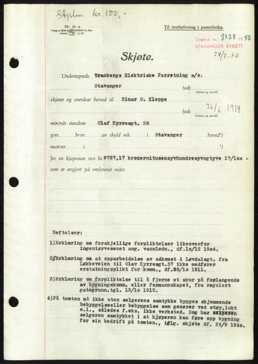 Stavanger byrett, SAST/A-100455/002/G/Gb/L0024: Mortgage book no. A13, 1949-1950, Diary no: : 2123/1950