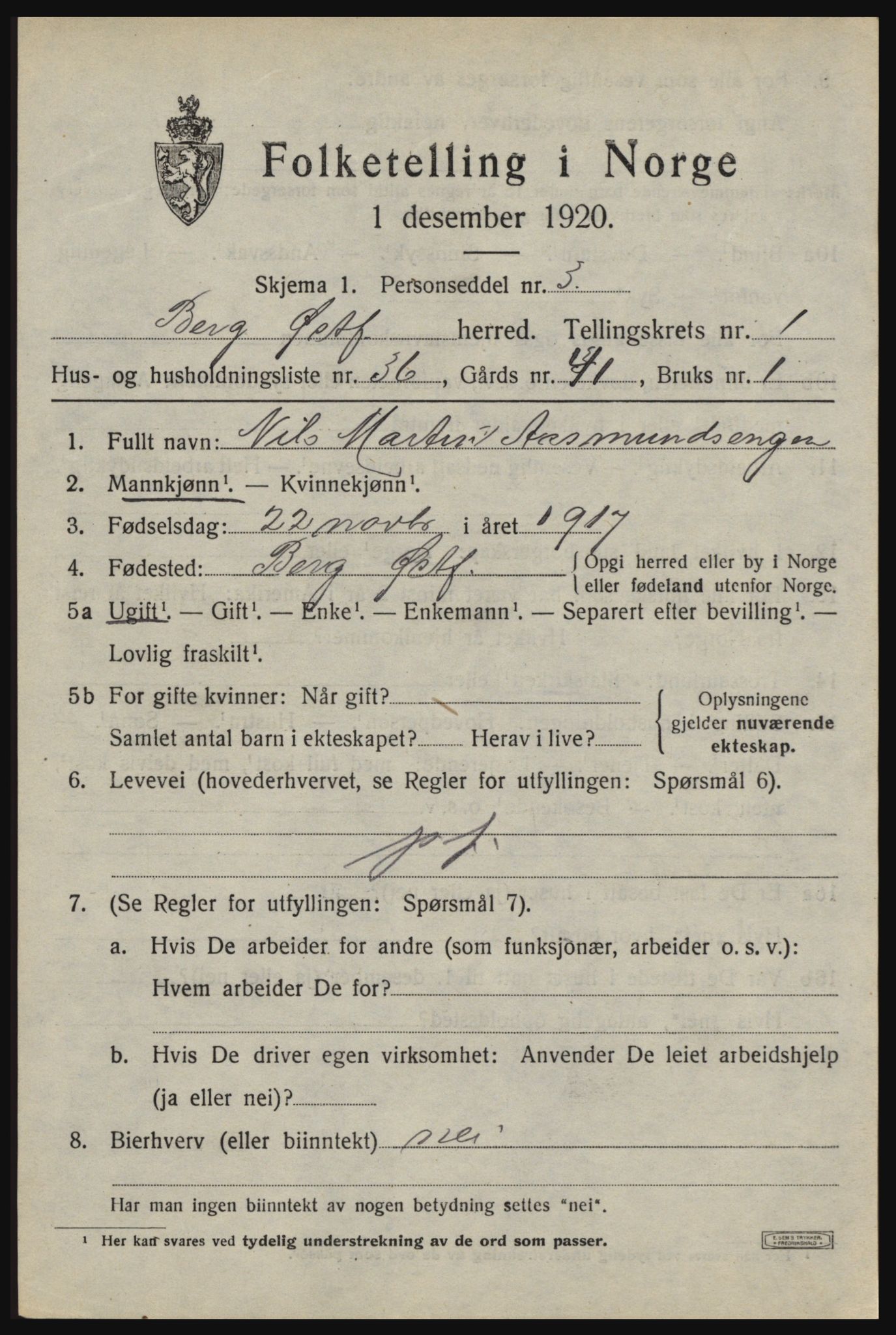 SAO, 1920 census for Berg, 1920, p. 2433