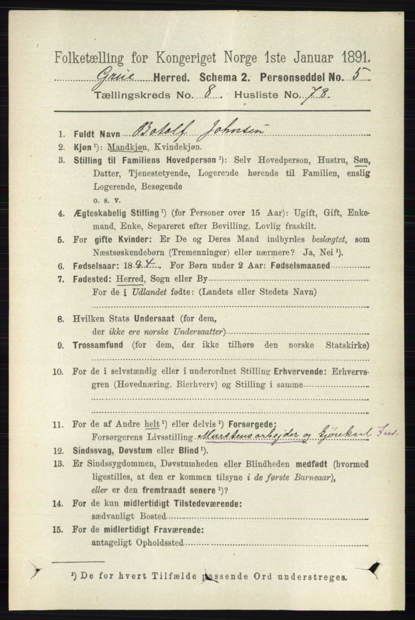 RA, 1891 census for 0423 Grue, 1891, p. 4801