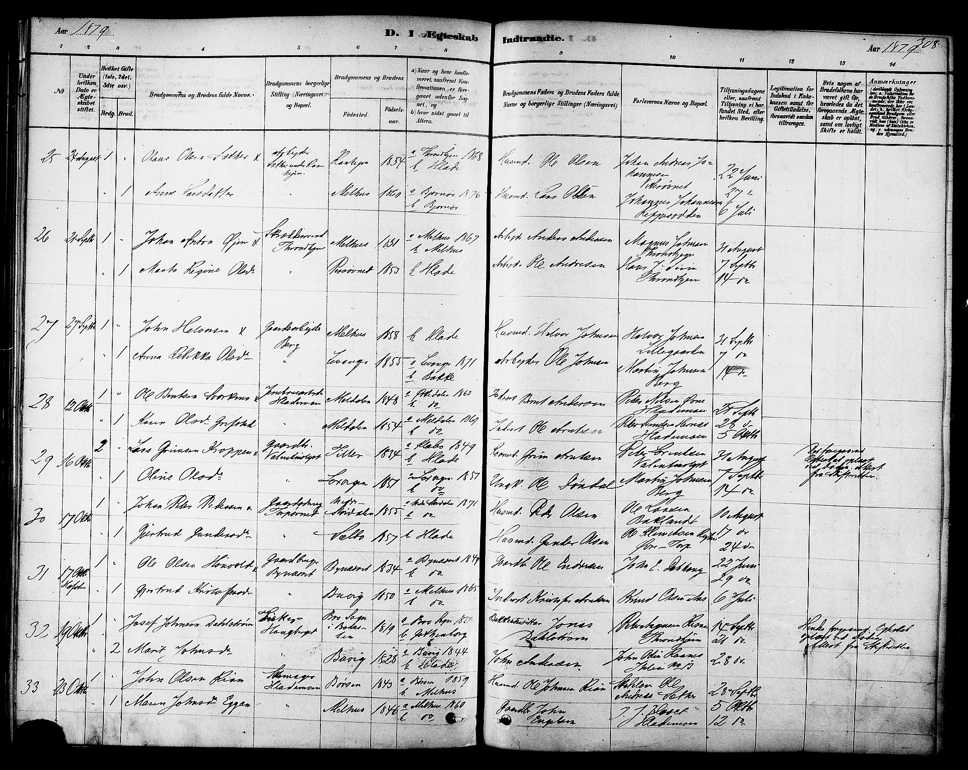 Ministerialprotokoller, klokkerbøker og fødselsregistre - Sør-Trøndelag, AV/SAT-A-1456/606/L0294: Parish register (official) no. 606A09, 1878-1886, p. 308