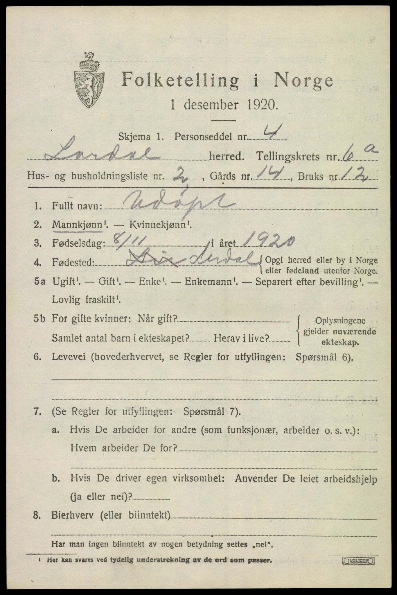 SAKO, 1920 census for Lardal, 1920, p. 5563