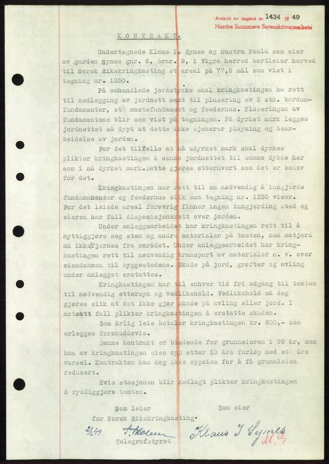 Nordre Sunnmøre sorenskriveri, AV/SAT-A-0006/1/2/2C/2Ca: Mortgage book no. A31, 1949-1949, Diary no: : 1434/1949