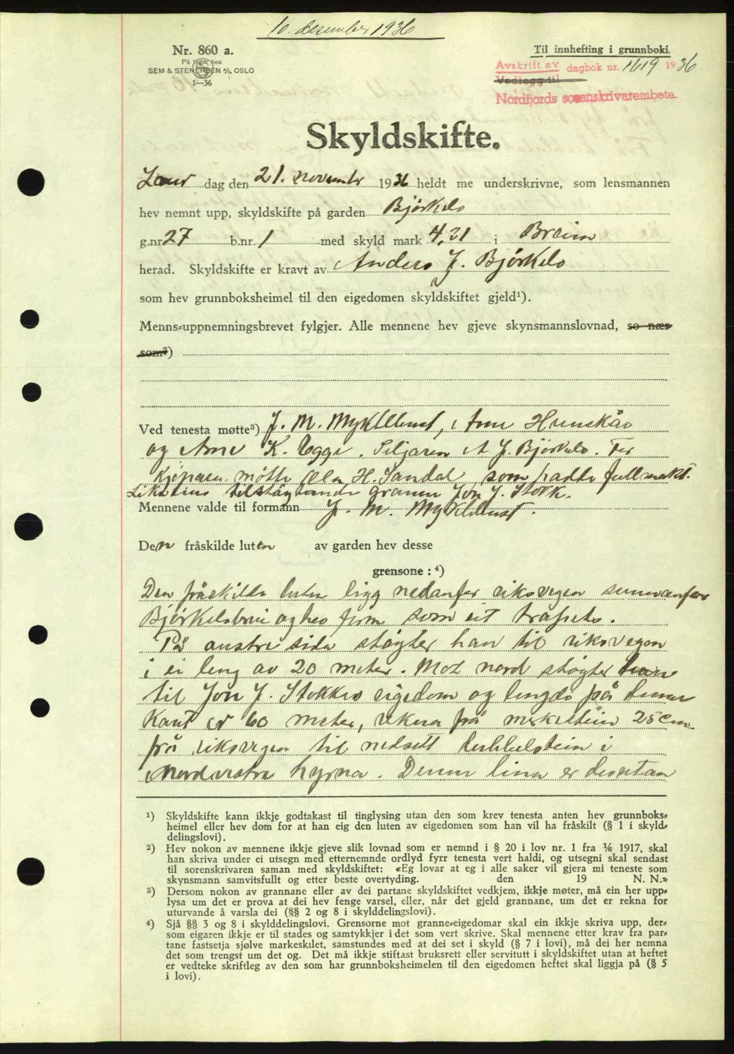 Nordfjord sorenskriveri, SAB/A-2801/02/02b/02bj/L0001: Mortgage book no. A1, 1936-1937, Diary no: : 1619/1936