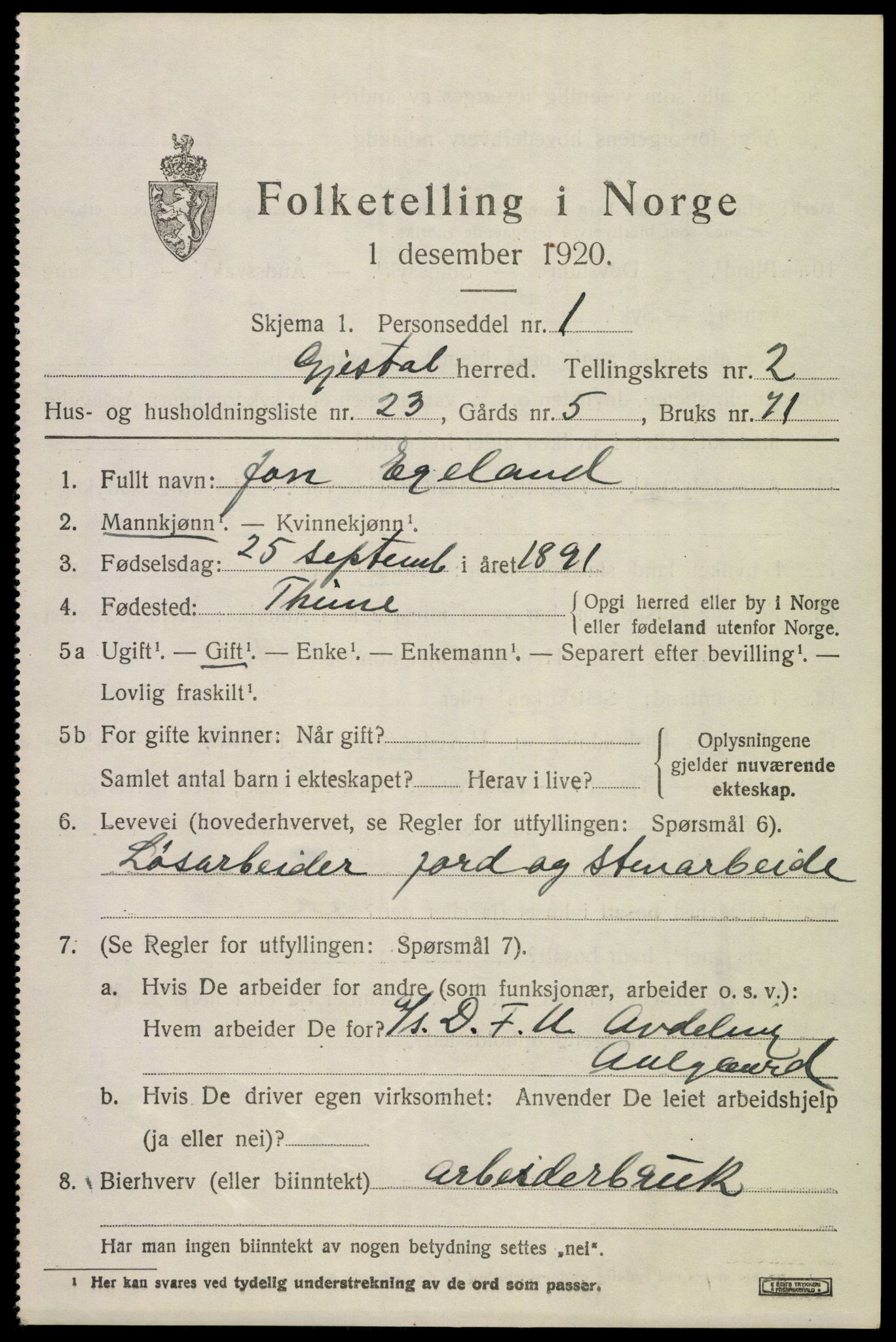 SAST, 1920 census for Gjesdal, 1920, p. 1734