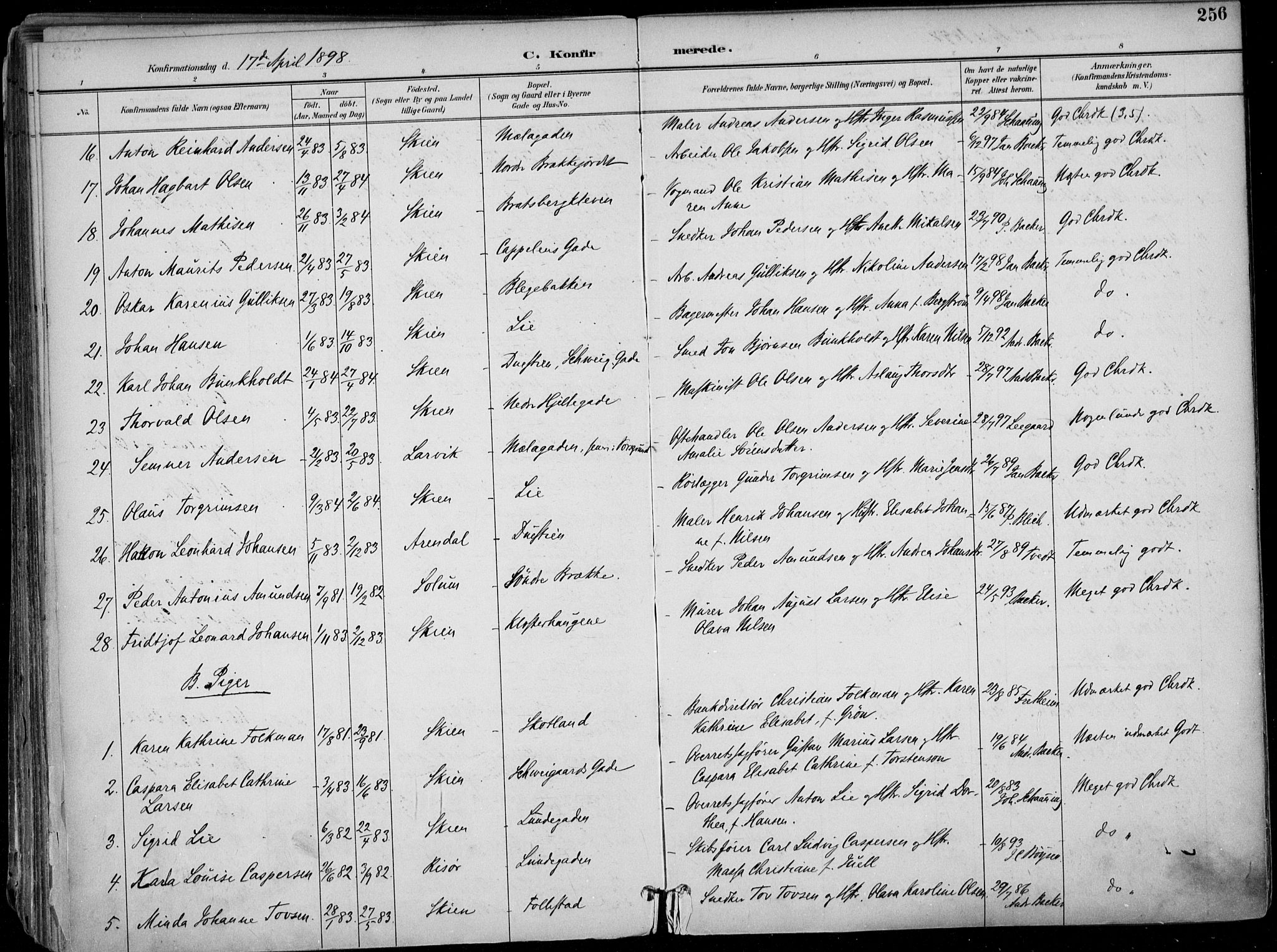 Skien kirkebøker, SAKO/A-302/F/Fa/L0010: Parish register (official) no. 10, 1891-1899, p. 256