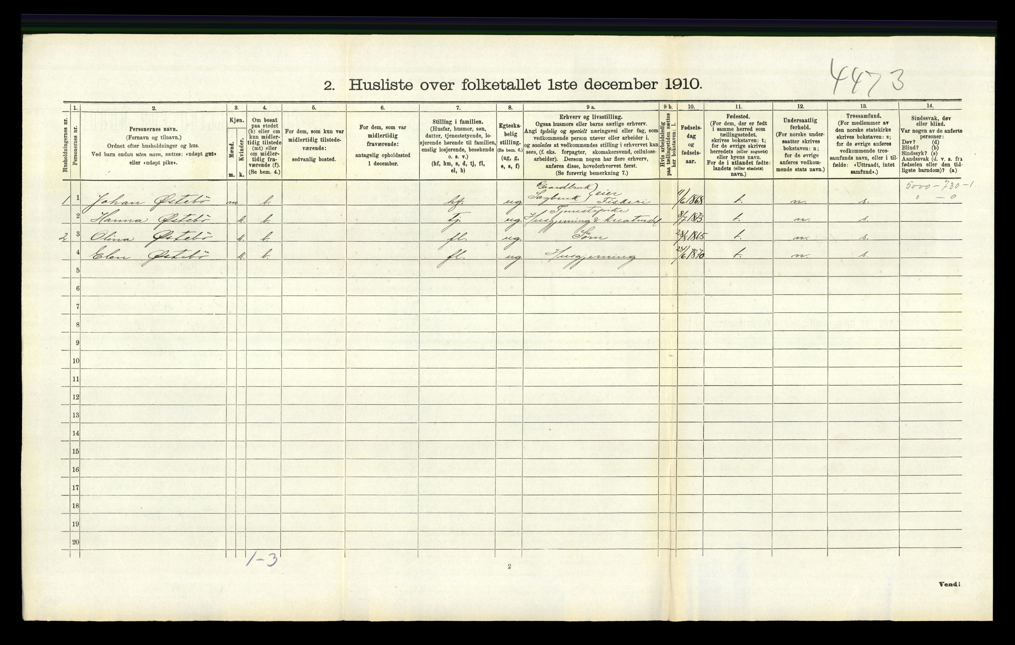 RA, 1910 census for Vikedal, 1910, p. 420